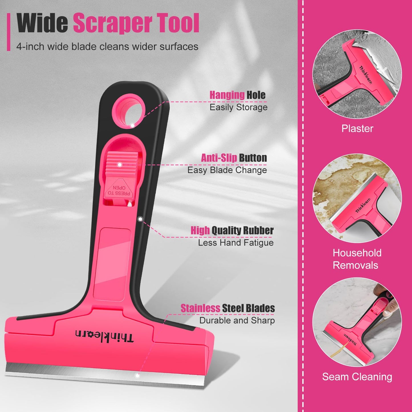 THINKLEARN Razor Blade Scraper Tool, 4" Razor Scraper with 20Pcs Replacement Blades, Pink Glass Scraper for Removing Decals, Tint, Stickers, Labels, Caulk, Adhesive from Window, Oven, Stove Top