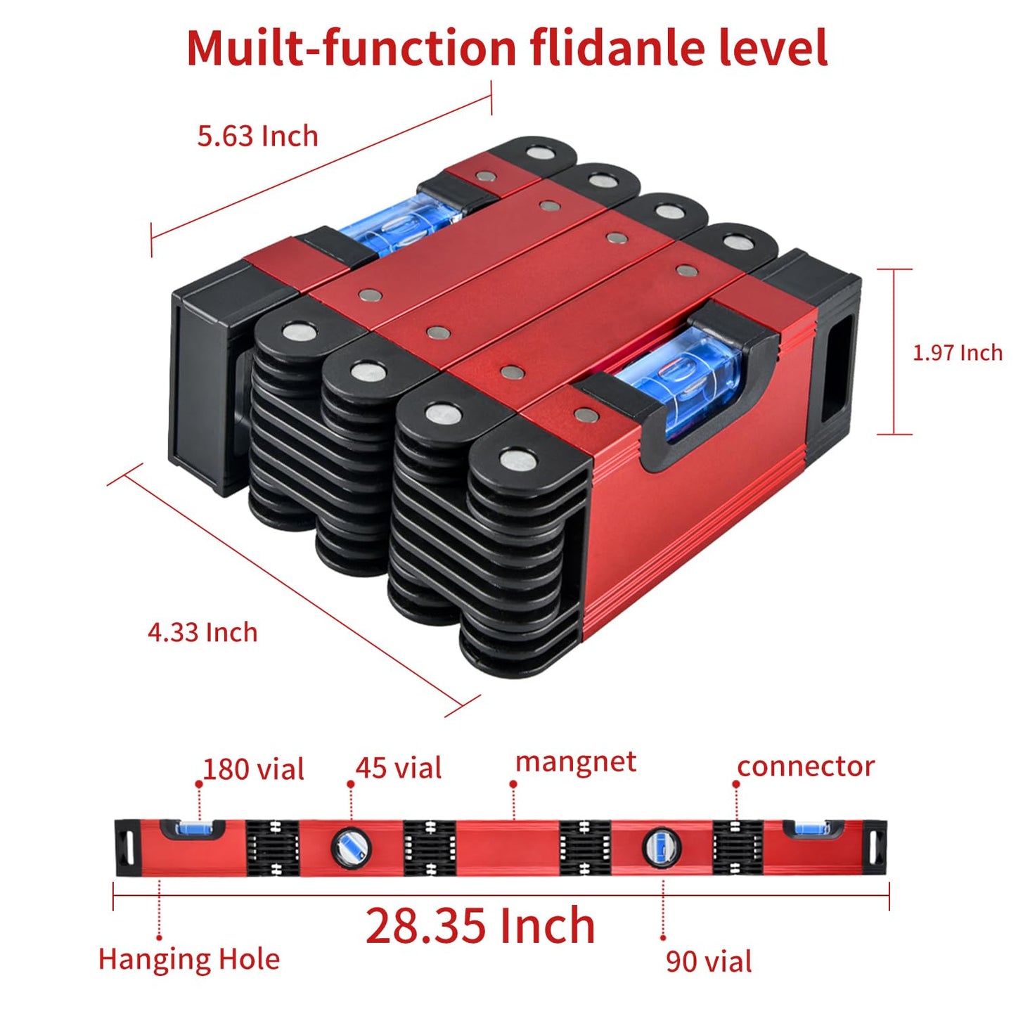 TIASOU Folding Level Tool, Multi-Function Portable Level Measuring Tool, Extendable Level with 4 Easy to Read Level Bubbles, Long Spirit Small Level Herramientas, Precise Leveling In Any Position