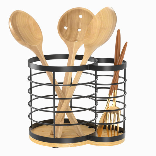 VITABONA 2 In 1 Kitchen Utensil Holder for Countertop - 7.2''×6.2''×4.8'' Extra Large Utensil Holder for Kitchen Counter, Cooking Utensil Holder, Wooden Utensil Organizer for Countertop, Bamboo Utensil Holder.