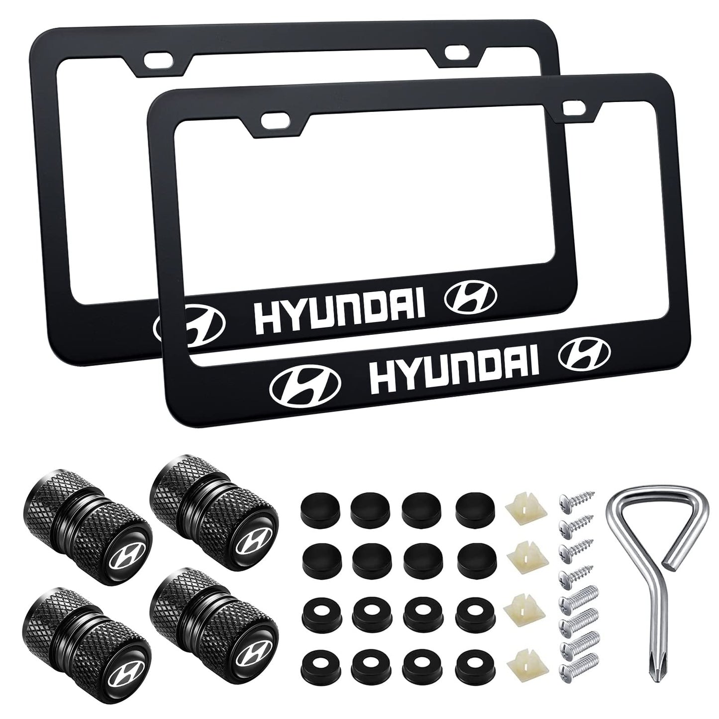 License Plate Frames Compatible with Hyundai, Stainless Steel License Plate Covers Protect Plates, with Screw Caps Cover and 4 Tire Valve Stem Caps Accessories.