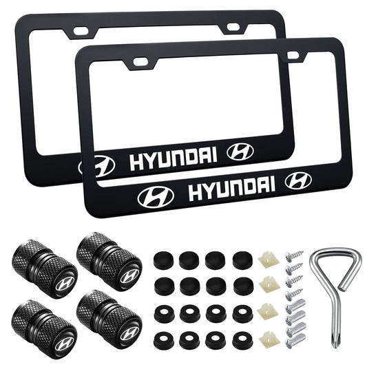 License Plate Frames Compatible with Hyundai, Stainless Steel License Plate Covers Protect Plates, with Screw Caps Cover and 4 Tire Valve Stem Caps Accessories.