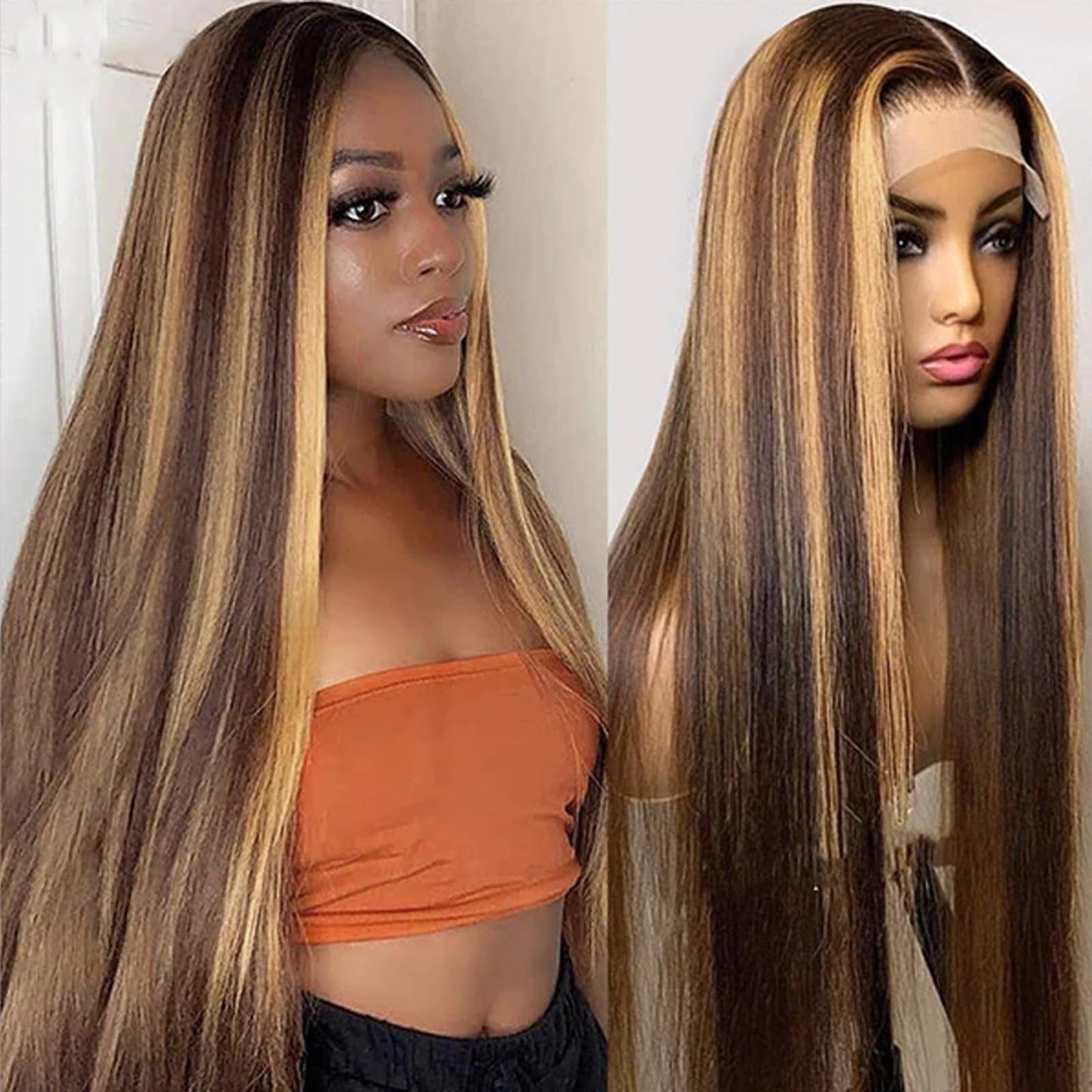 Highlight Ombre Lace Front Wigs Human Hair Pre Plucked 13x4 HD Straight Lace Front Wigs 4/27 Honey Blonde Lace Front Wig Human Hair 180% Density Glueless Wigs Human Hair Pre Plucked Wigs for Women