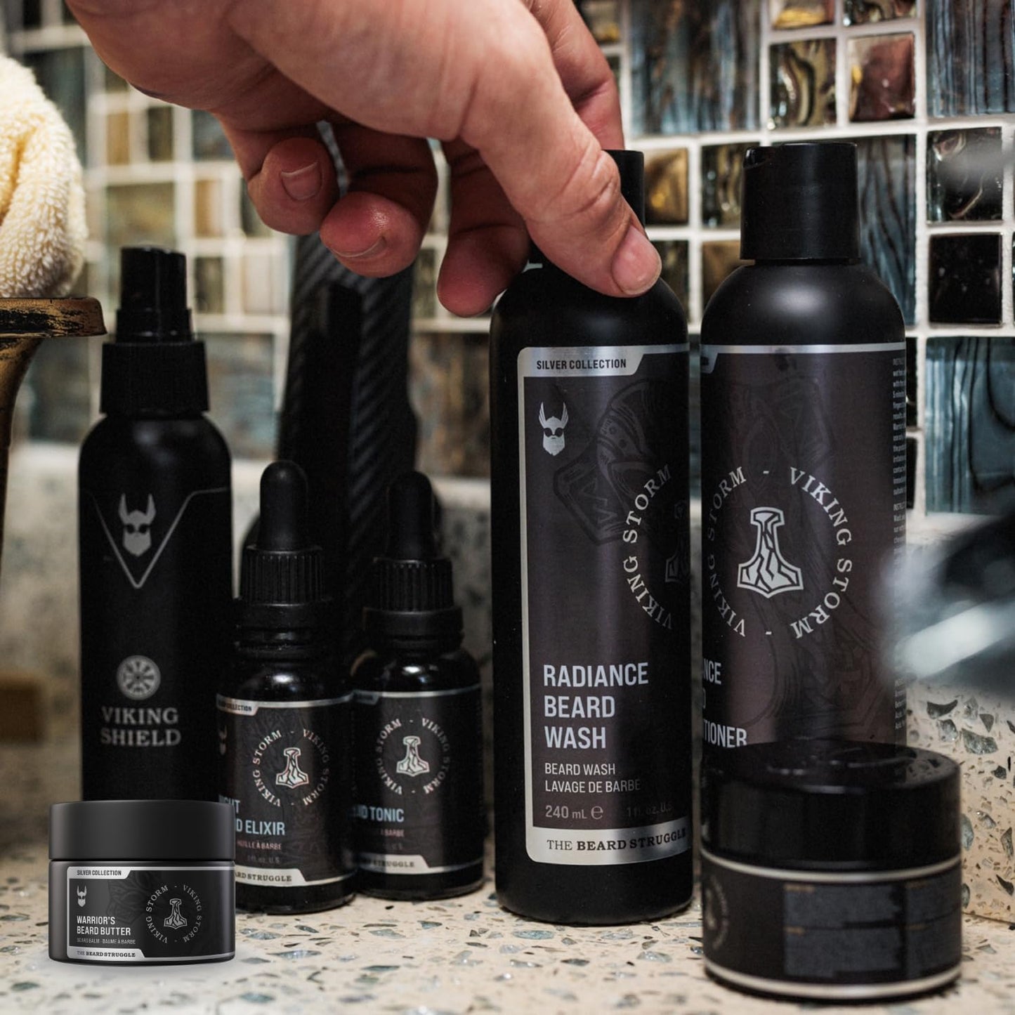 The Beard Struggle Greenlander Bundle Beard Kit - Includes Beard Butter, Beard Balm, Beard Night Oil, Beard Day Oil, Beard Wash & Beard Conditioner - Silver Collection - Viking Storm