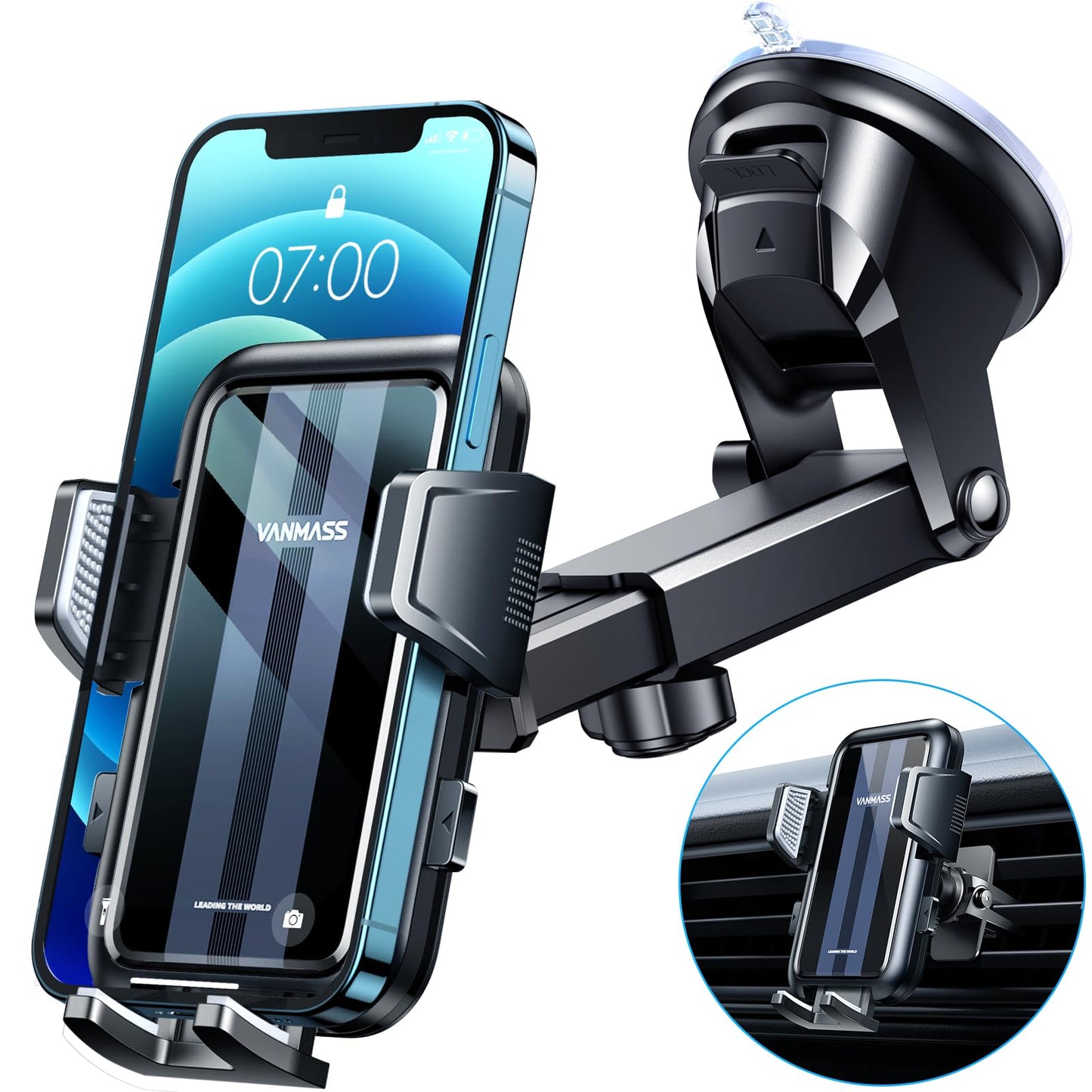 VANMASS【2023 Top Military】Car Phone Mount,【Ultra Stable Suction】Phone Holder for Car, Universal Dashboard Windscreen Vent Cradle Bracket Car Accessories for iPhone 14 13 Pro Max Samsung Galaxy Android