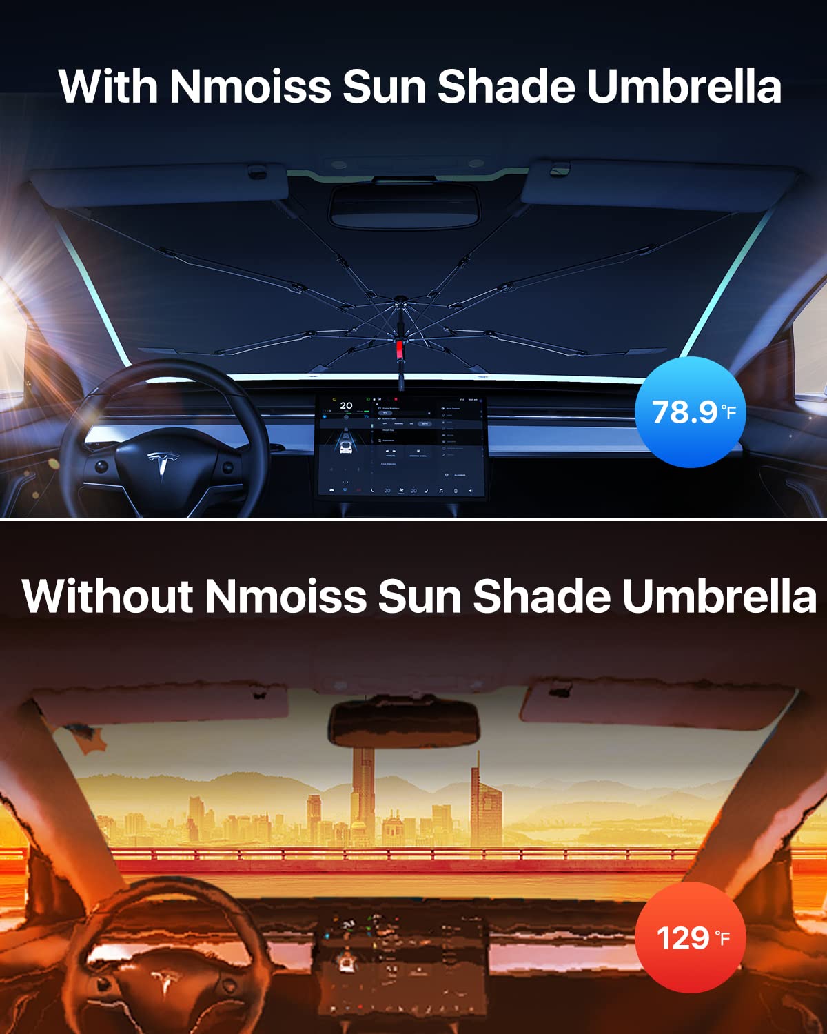 Nmoiss [2023 Upgrade] Sun Shade Umbrella for Car Windshield - [Newest Reflective Coating] Protect Car from Sun Rays & Heat Damage Keep Cool and Protect Interior, Leather Umbrella Edge