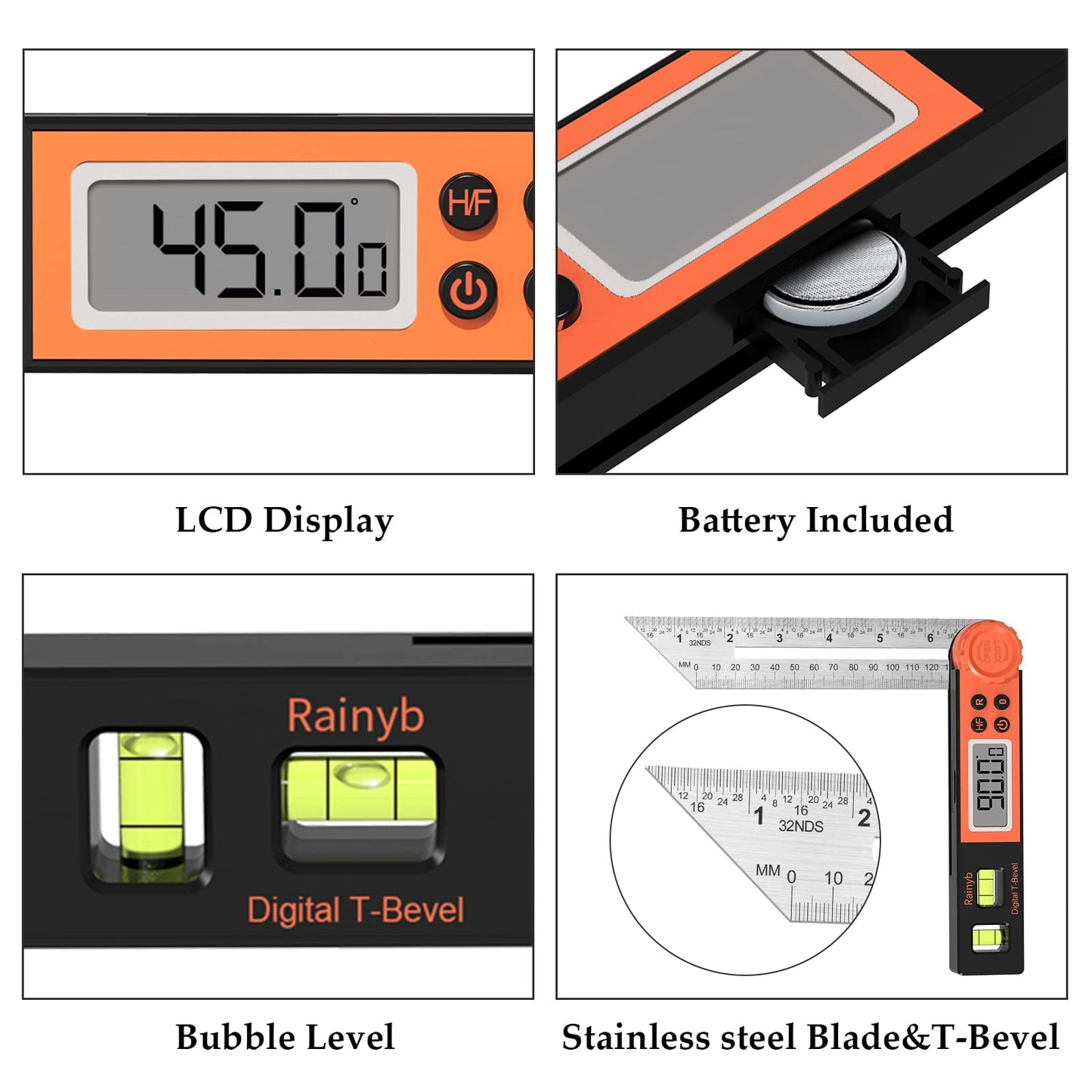 Digital Angle Finder Protractor 0-360 Degree T-Bevel Gauge & Protractor with Horizontal Vertical Bubble & Full LCD Display for Woodworking, Metalworking, Construction