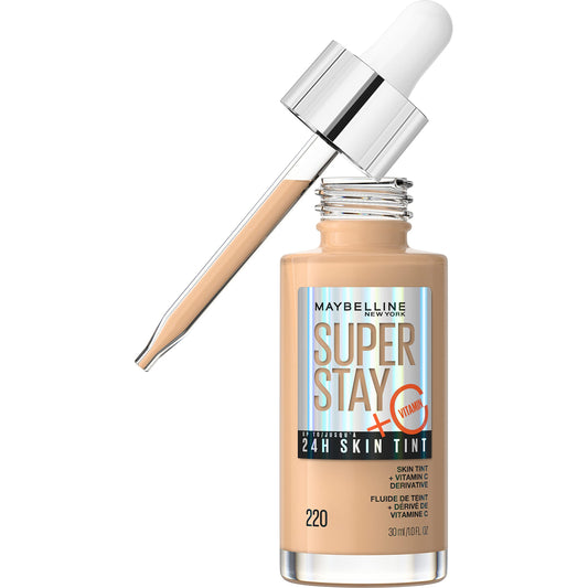 Maybelline Super Stay Up to 24HR Skin Tint, Radiant Light-to-Medium Coverage Foundation, Makeup Infused With Vitamin C, 220, 1 Count