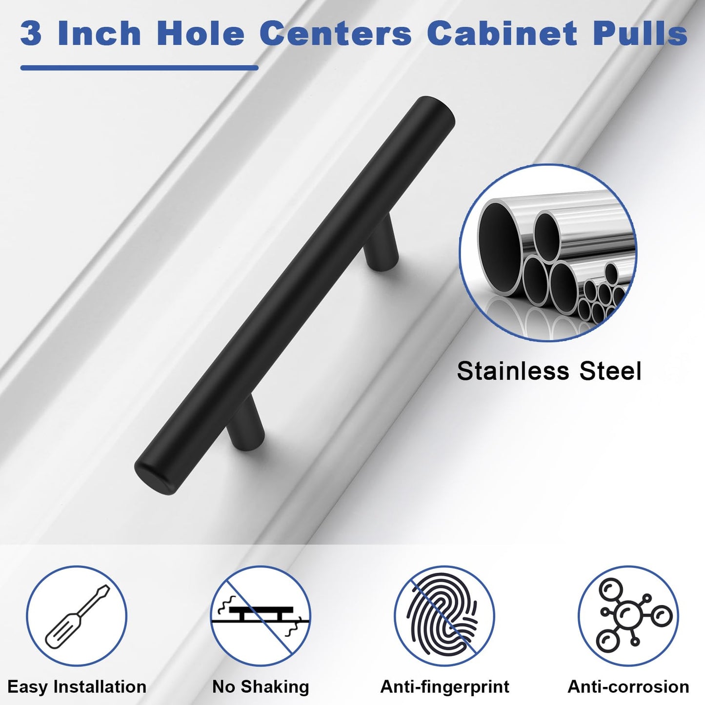 Estmoon 30 Pack 3" Hole Centers Cabinet Handles Matte Black Cabinet Pulls Stainless Steel Black Drawer Handles 5" Length Kitchen Cabinet Hardware Handles for Cabinets and Drawers, 76mm Hole Centers