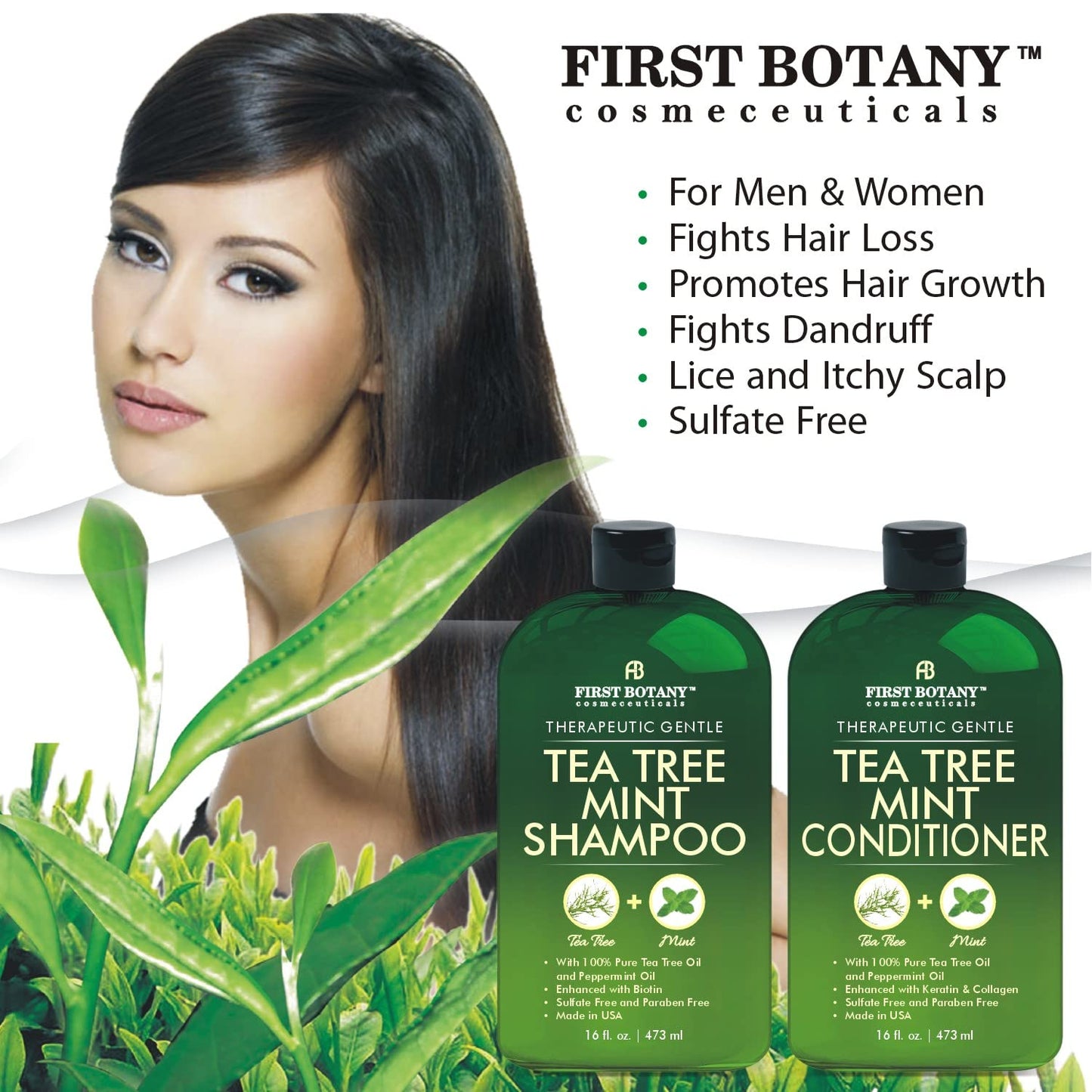 Tea Tree Mint Shampoo and Conditioner - contains Pure Tea Tree Oil & Peppermint Oil - Promotes Hair Growth, Fights Hair Loss & Dandruff, Lice & Itchy Scalp - Men & Women Sulfate Free -16 oz x 2