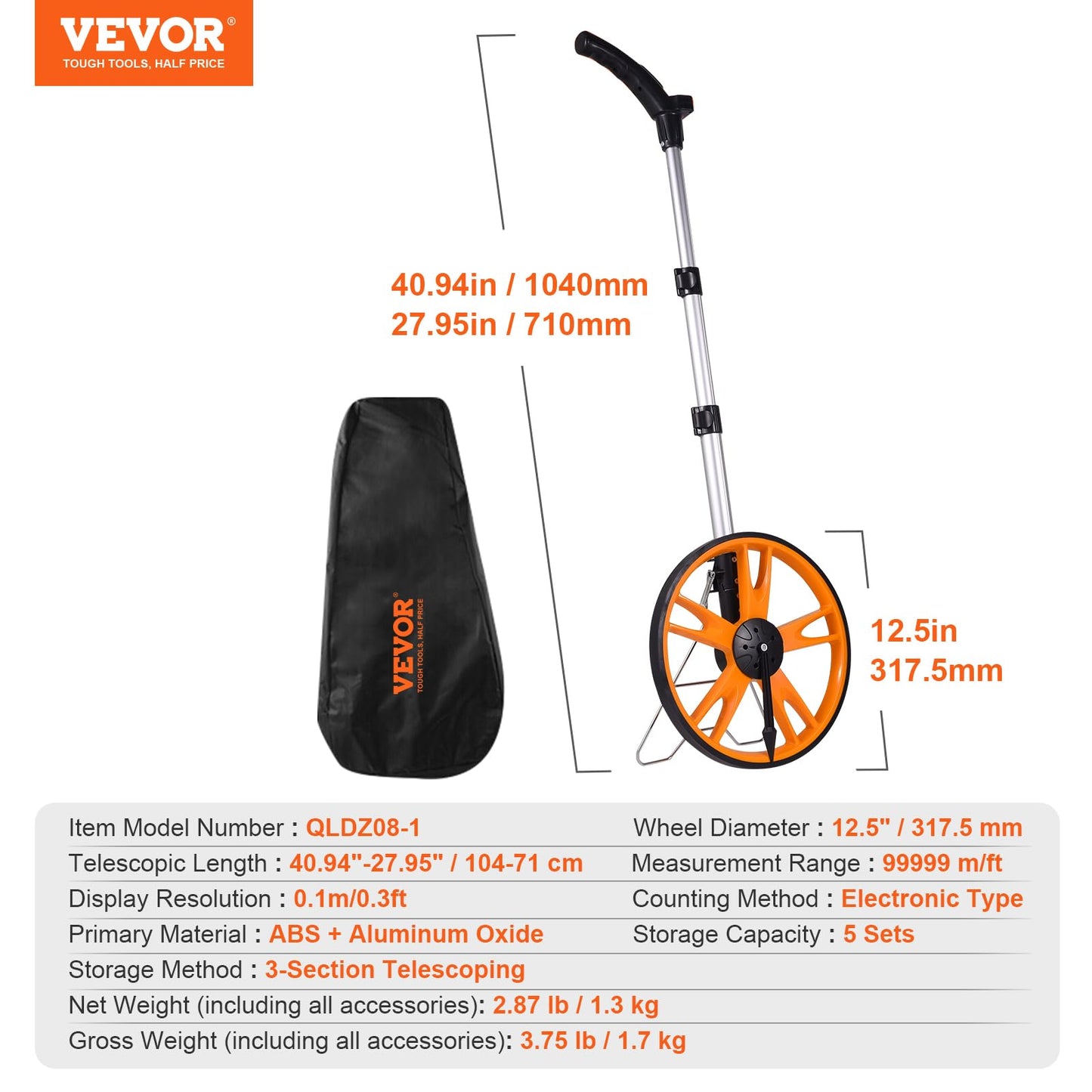 VEVOR Measuring Wheel in Feet and Inches,12.5 in Wheel Diameter, 40.94-27.95 in Telescoping Measure Wheel, Measurement 0-9,999Ft with Back Bag, Suitable for Lawn/Hard/Soft/Wood Road Measuring