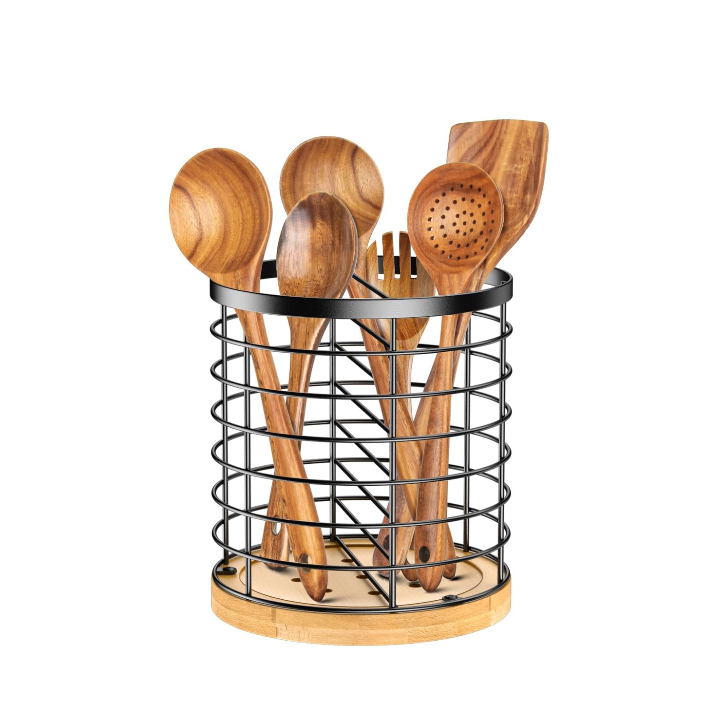 Toosci Kitchen Utensil Holder - Stainless Steel and Bamboo Utensil Holder, Utensil Holder for Kitchen Counter, Large