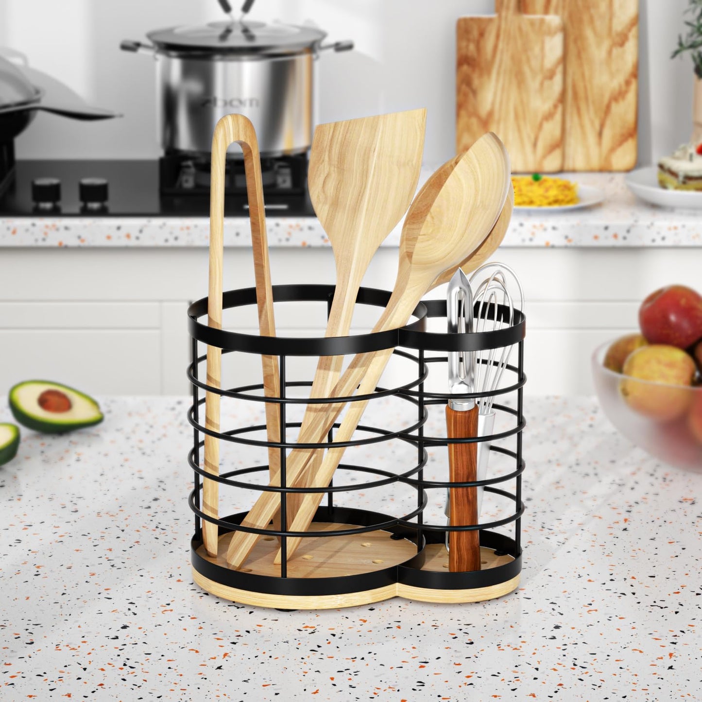 VITABONA 2 In 1 Kitchen Utensil Holder for Countertop - 7.2''×6.2''×4.8'' Extra Large Utensil Holder for Kitchen Counter, Cooking Utensil Holder, Wooden Utensil Organizer for Countertop, Bamboo Utensil Holder.