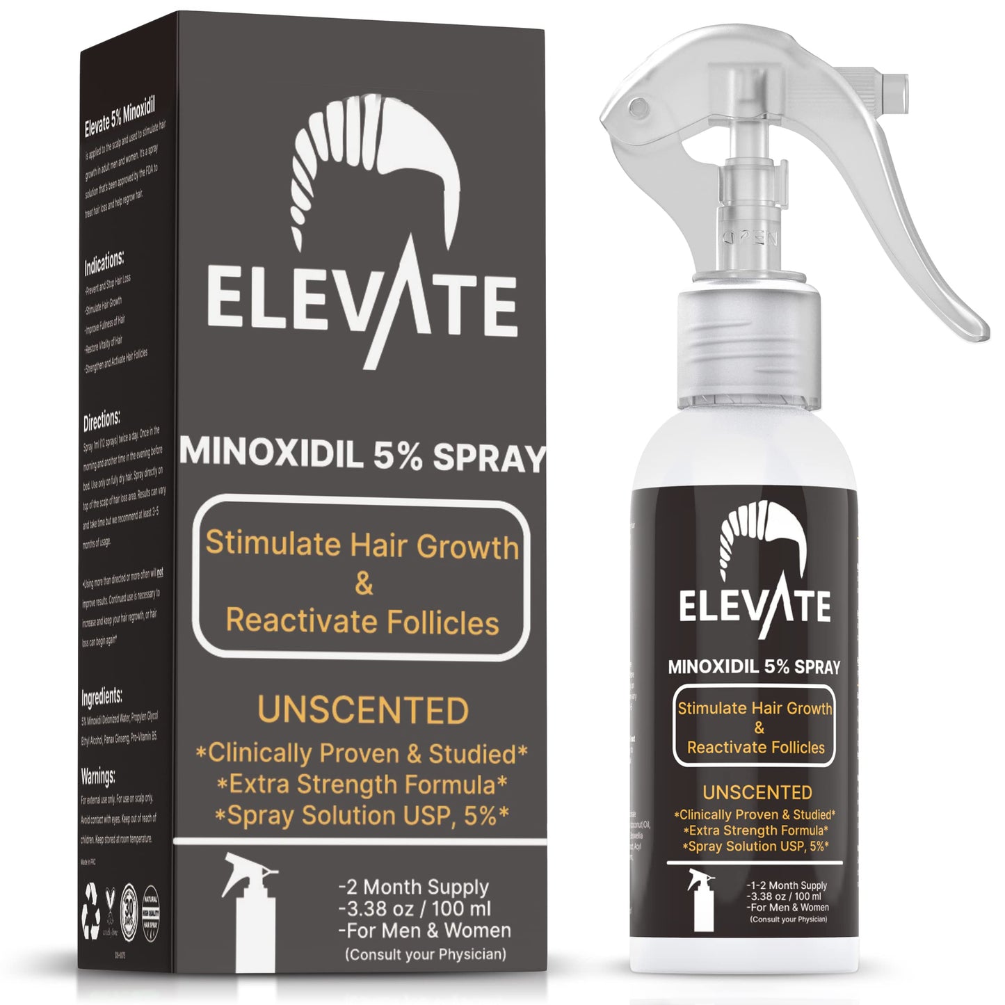 ELEVATE 5% Minoxidil Hair Growth Spray - Extra Strength Professional Treatment for Hair Loss and Regrowth - Stimulate Follicles for Men & Women - 1 to 2 Month Supply 100ml