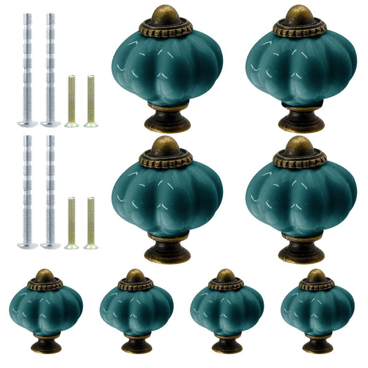 suiwotin 8pcs Ceramic Pumpkin Knobs, Teal Ceramic Cabinet Knobs Vintage Dresser Knobs, Retro Knobs Decorative Drawer Knobs Pulls for Vanity, Closet, Cupboard, Furniture