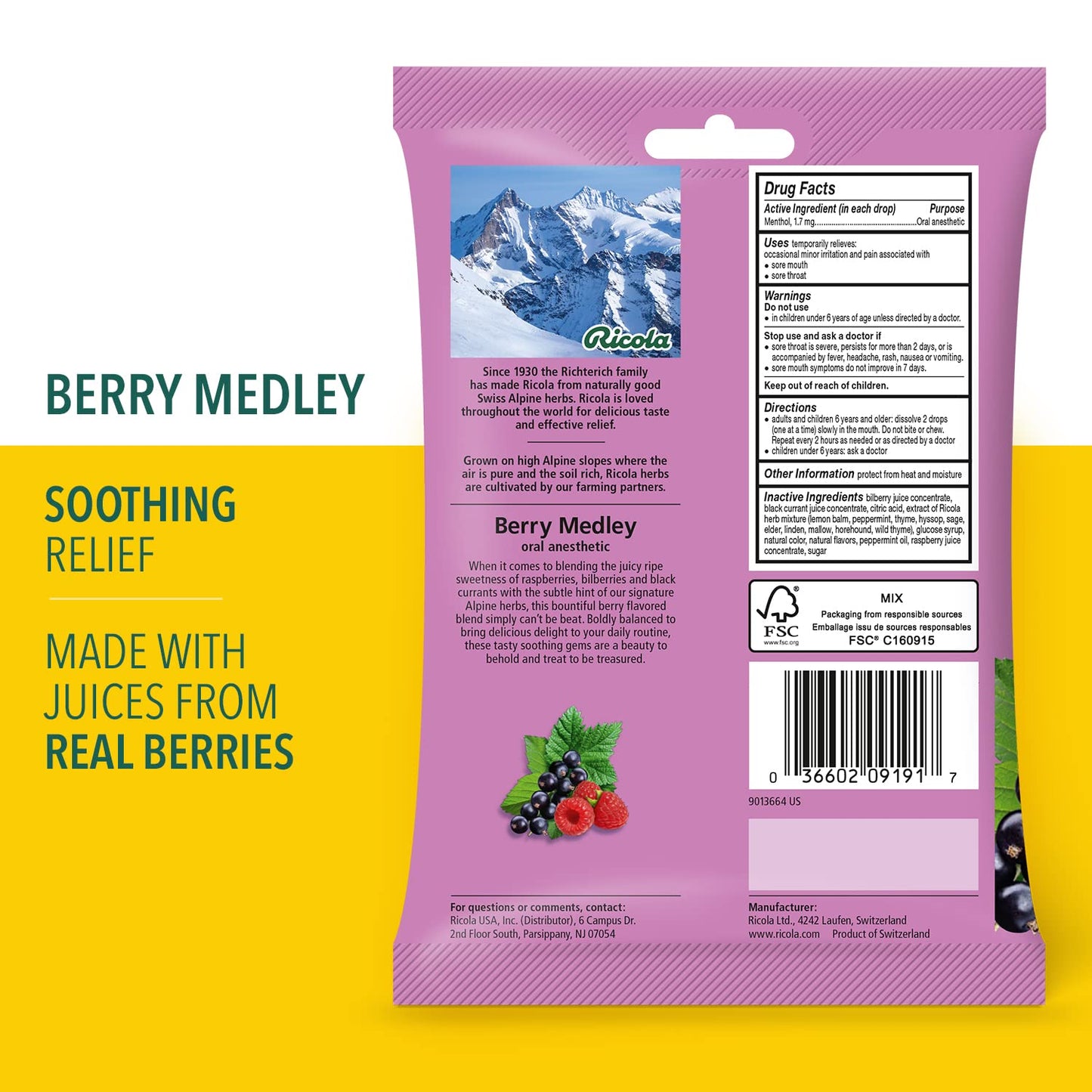 Ricola Berry Medley Bag | Cough Suppressant Throat Drops | Naturally Soothing Long-Lasting Relief - 19 Count (Pack of 1)