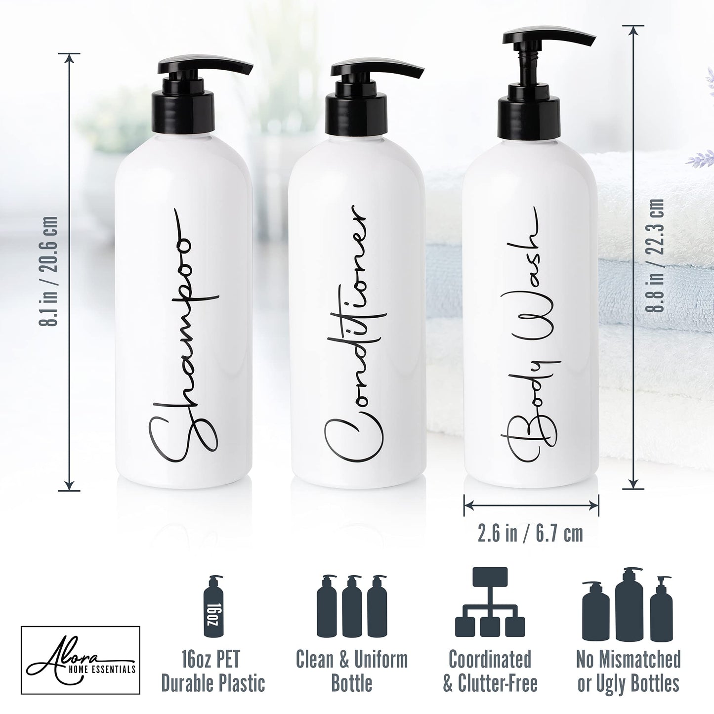 Alora Reusable Face Wash Bottle - Permanent Stylish Labels - 16oz Pump Bottle Dispenser for Face Wash - Empty Plastic Refillable Containers for Shower