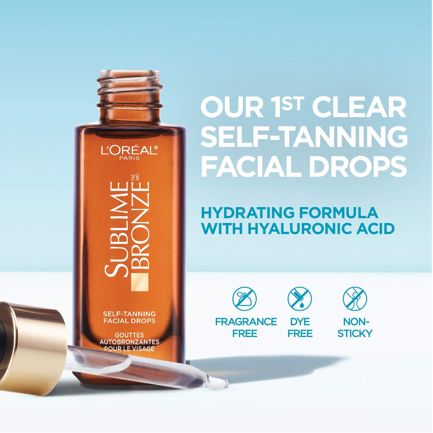 L'Oreal Paris Sublime Bronze Self Tanning Facial Drops with Hyaluronic Acid, Gradual Tan, Fragrance-Free, 1 fl. Oz