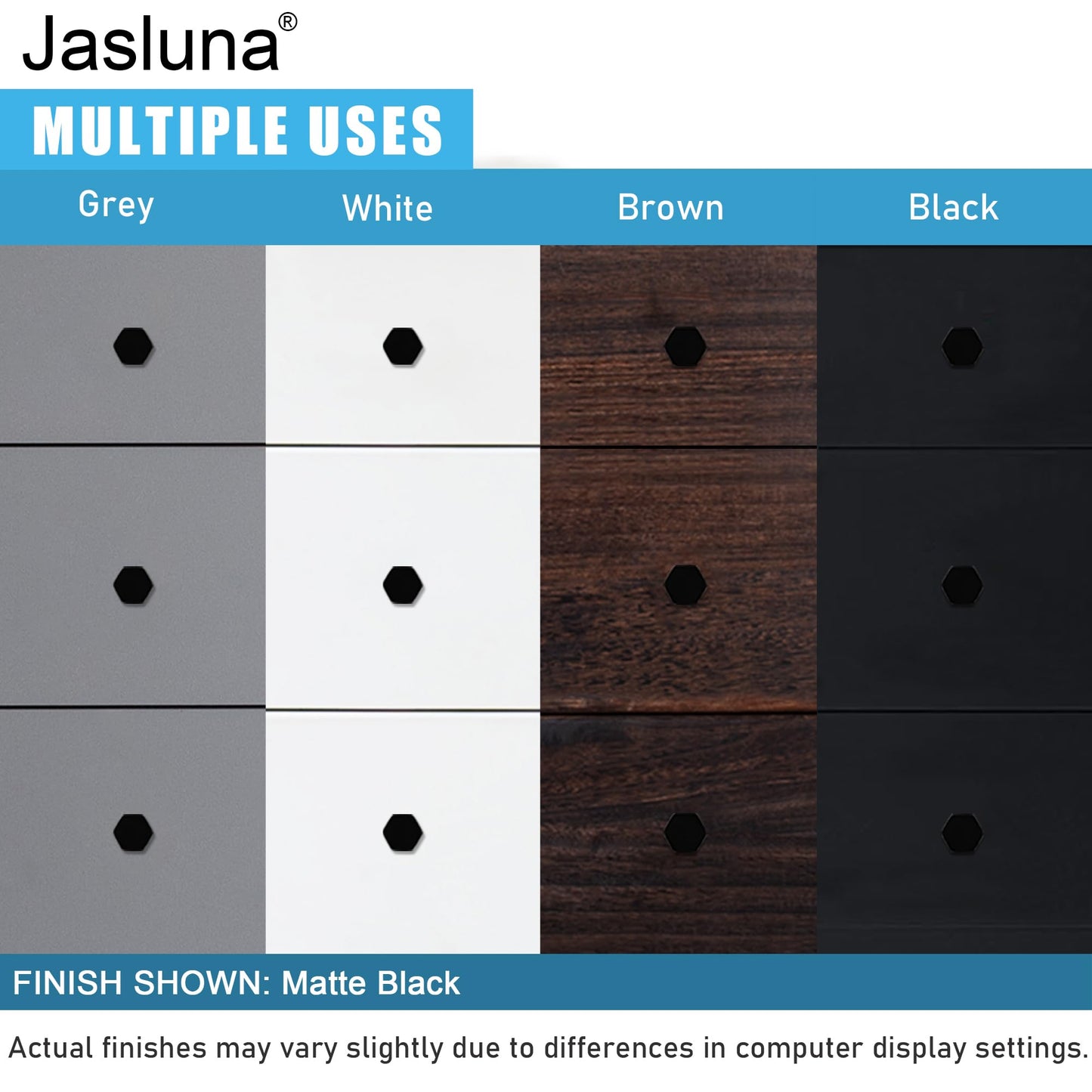 Jasluna 12-Pack Black Cabinet Knobs for Dresser Drawers, 1-1/4 inch Hexagon Knobs for Kitchen Cupboard Bathroom Closet, Matte Black Finished