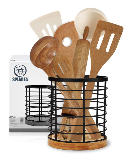 SPLMIFA Kitchen Utensil Holder Large Utensil Holder with Wooden Base and Matte Black Metal holder，Storage Solutions for Kitchen/Small Items Storage