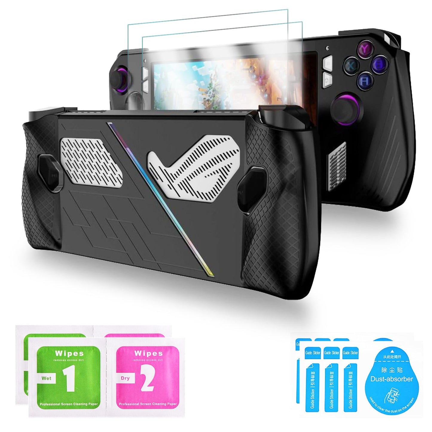 Silicone Case Compatible with ASUS ROG Ally 7" 2023- Flexible, Full Coverage,Shockproof, Anti-Scratch, Drop-Proof, Non-Slip (Black)-2*Screen Protectors