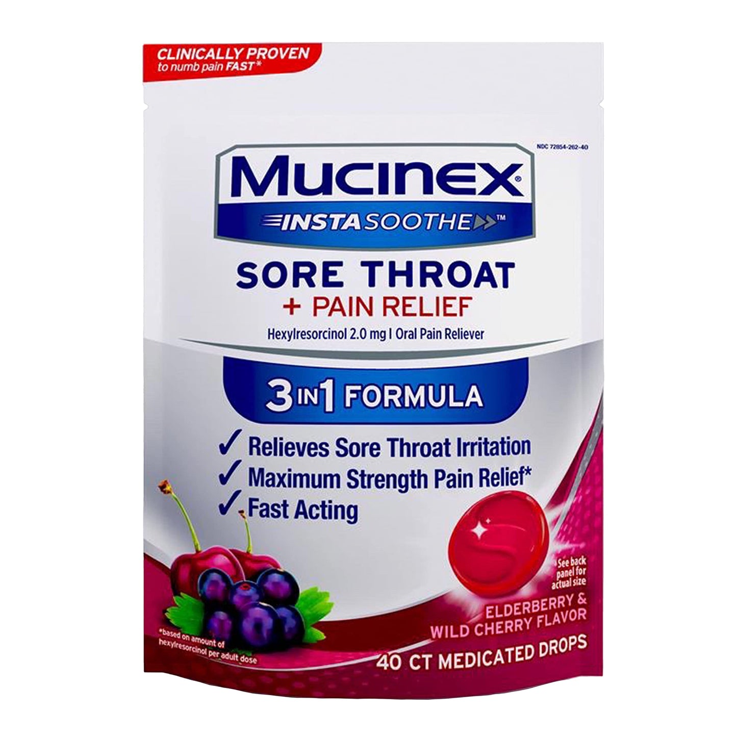 Mucinex InstaSoothe Sore Throat + Pain Relief Elderberry & Wild Cherry Flavor, Fast Acting, Powerful Oral Pain Reliever, 40 Medicated Drops