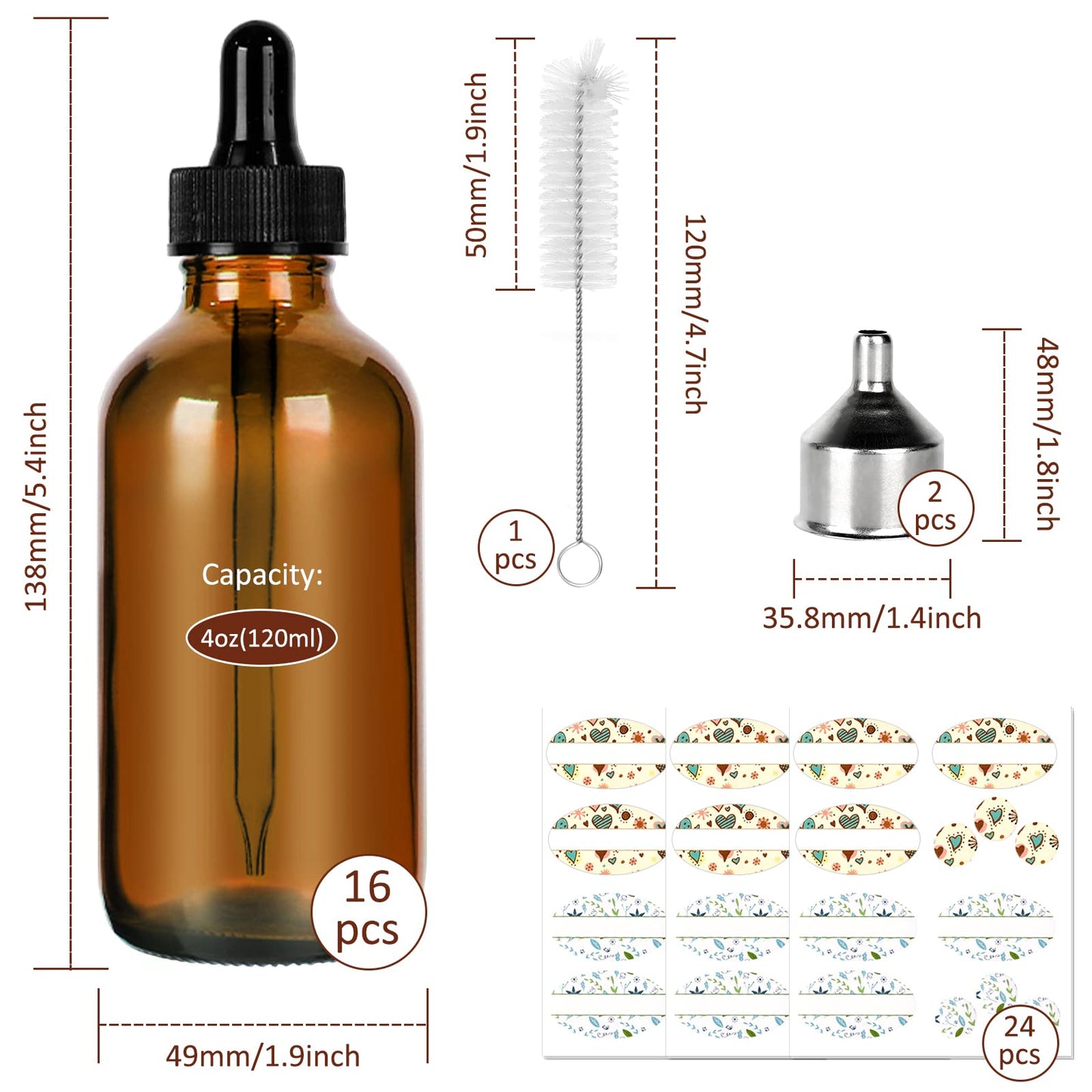 CycleMore 16 Pack (120 ml) 4 oz Amber Glass Boston Bottles with Glass Eye Droppers, Glass Dropper Bottles for Essential Oils & Lab Chemicals & More Liquids (4 oz-16 Pcs-Amber)