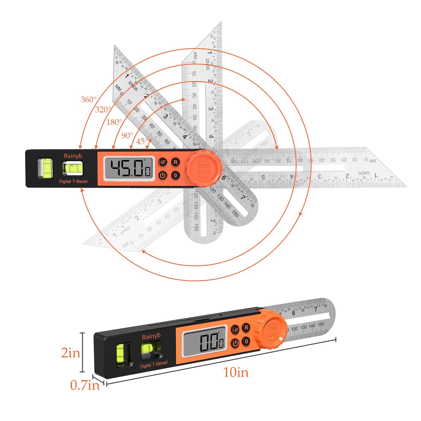 Digital Angle Finder Protractor 0-360 Degree T-Bevel Gauge & Protractor with Horizontal Vertical Bubble & Full LCD Display for Woodworking, Metalworking, Construction