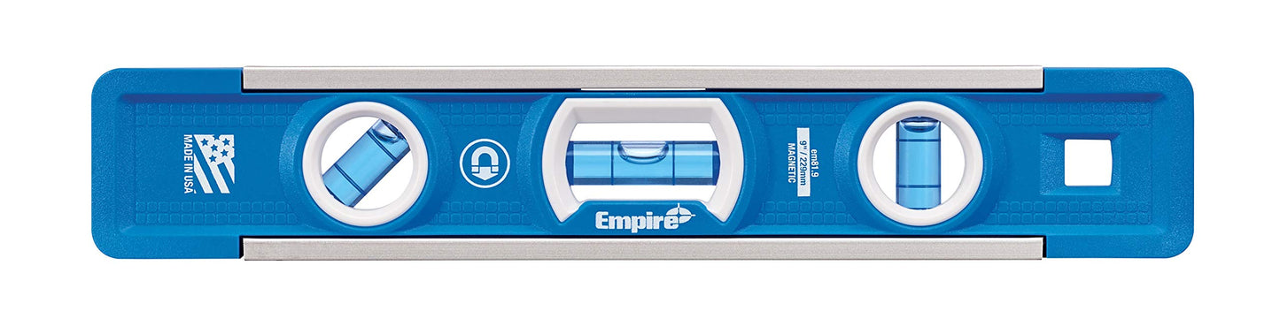 Empire Level EM81.9G 9 Inch Magnetic Torpedo Level w/Overhead Viewing Slot (Made in USA), Silver/White/Blue