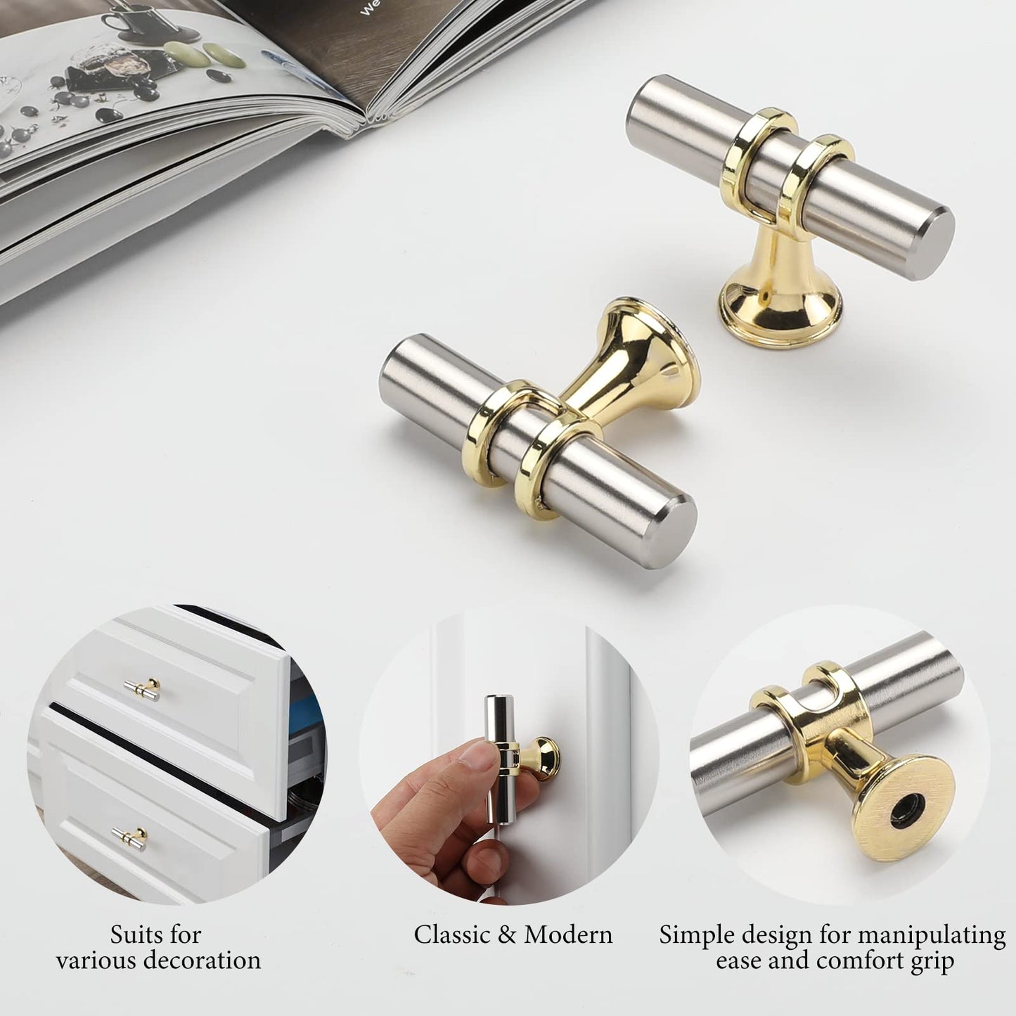 Haliwu 10 Pack Brushed Nickel Cabinet Knobs, Gold Cabinet Knobs Kitchen Cabinet Knobs Gold Kitchen Hardware Knob, Single Hole Knob T Bar Knob