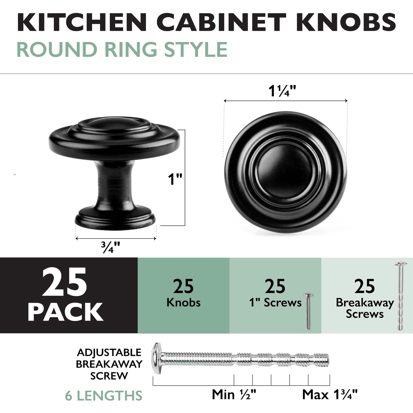 Ilyapa Matte Black Kitchen Cabinet Knobs - Round Ringed Drawer Handles - 25 Pack of Kitchen Cabinet Hardware