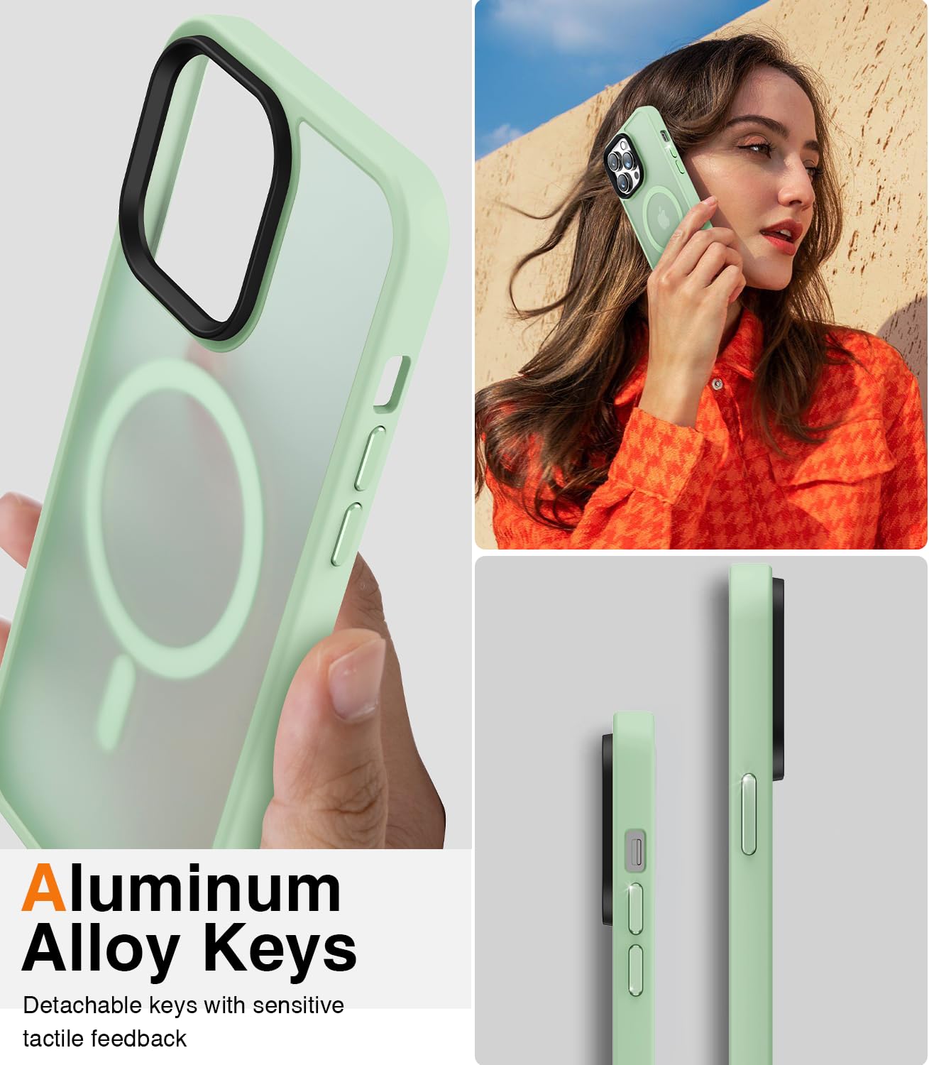 Meifigno Magic Mag Series for iPhone 14 Pro Max Case, [Military Grade Protection & Compatible with MagSafe], Translucent Matte Back with Aluminum Alloy Keys for iPhone 14 Pro Max 6.7", Matcha Green