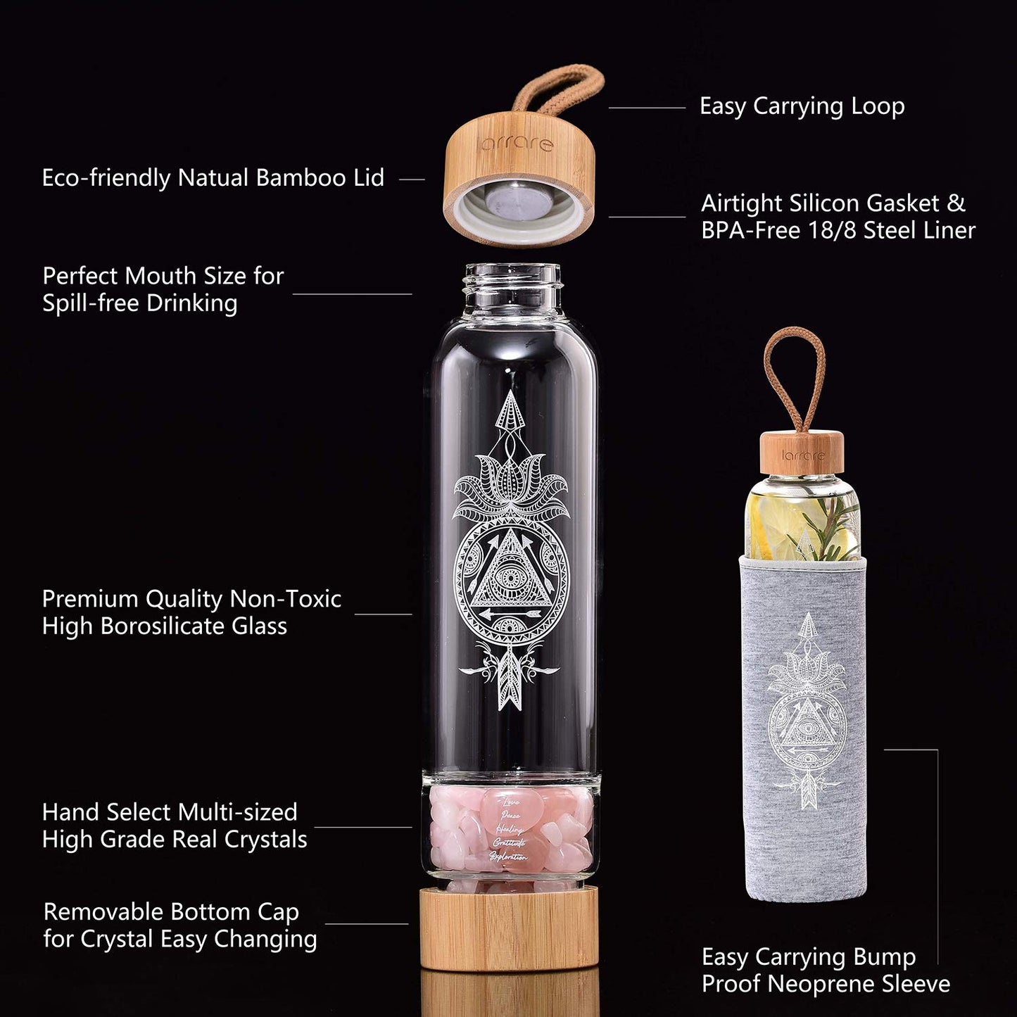 Larrare Crystal Water Bottles 19oz Large Crystal Elixir Gem Infused Water Bottle with Changeable Crystals | Crystal Energy Glass Water Bottle with Sacred Pattern and Words (Rose Quartz)