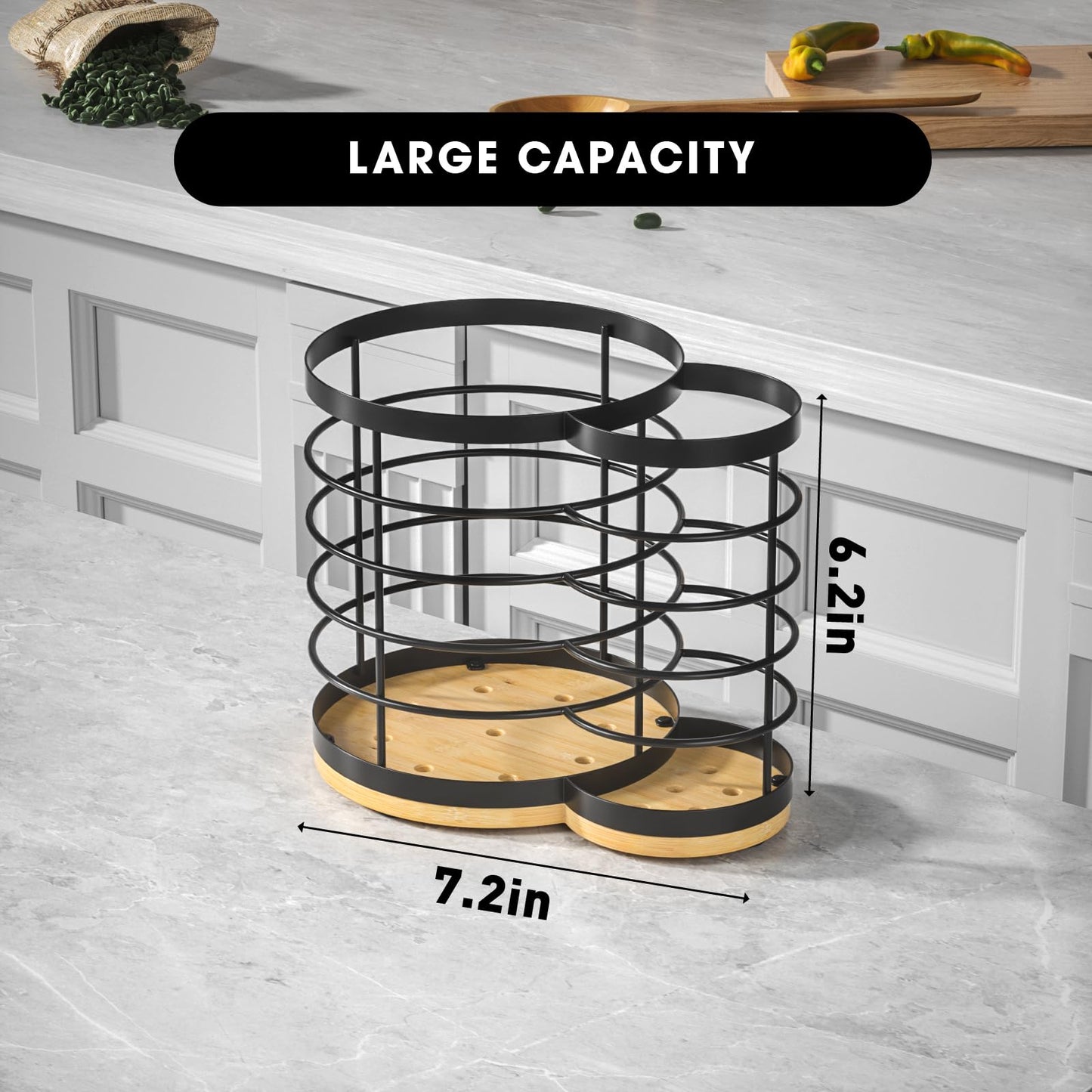 VITABONA 2 In 1 Kitchen Utensil Holder for Countertop - 7.2''×6.2''×4.8'' Extra Large Utensil Holder for Kitchen Counter, Cooking Utensil Holder, Wooden Utensil Organizer for Countertop, Bamboo Utensil Holder.