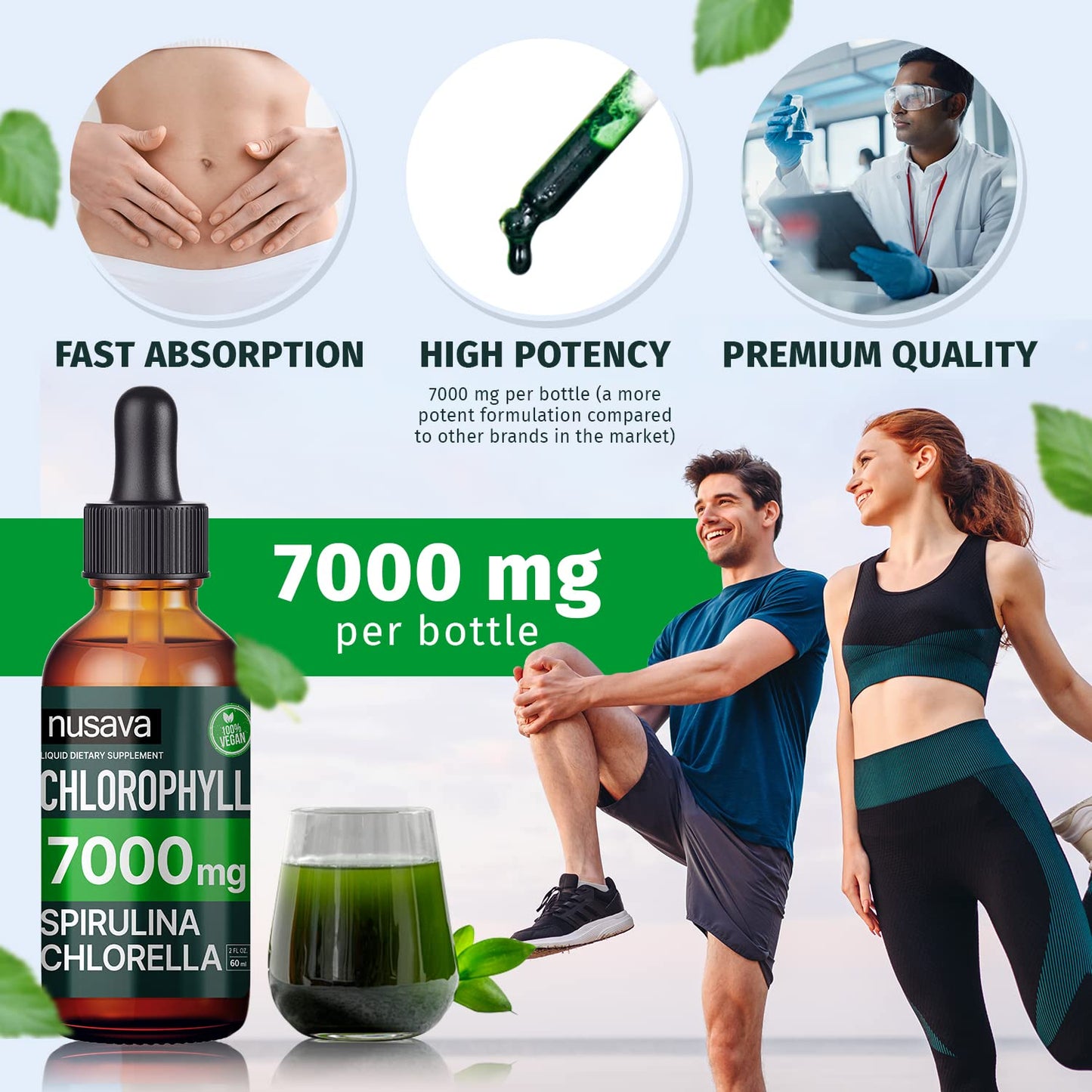 (2 Pack) Vegan Chlorophyll Liquid Drops 7000mg for Immune Support, Energy, Gut & Skin Health, 4-in-1 Liquid Chlorophyll Drops - 100mg, Spirulina, Chlorella, & Copper - Internal Deodorant, 4 Fl Oz