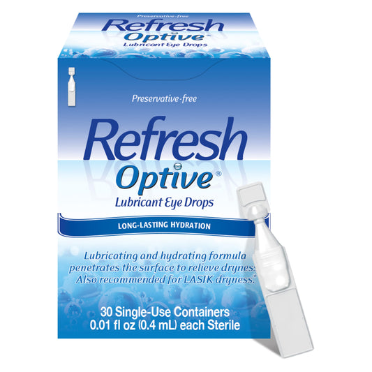 Refresh Optive Lubricant Eye Drops, Preservative-Free, 0.01 Fl Oz Single-Use Containers, 30 Count, Packaging May Vary