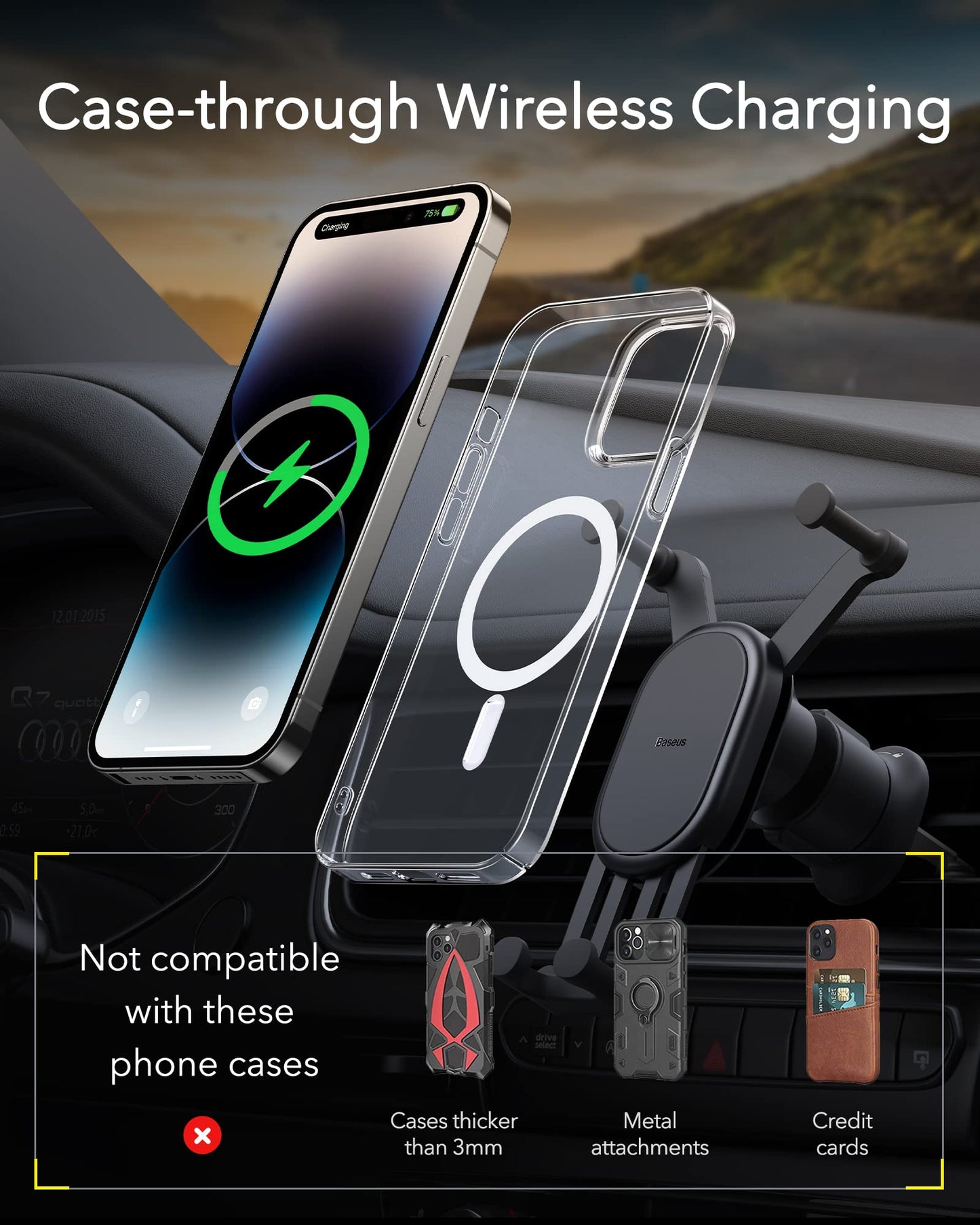 Wireless Car Charger, Baseus 15W Fast Charging Phone Mount for Car Vent, Car Phone Holder with Enlarged Charging Coil for iPhone 14 13 12 11 10 8 Pro Max Xs, Samsung Galaxy S&Note Series Google LG etc