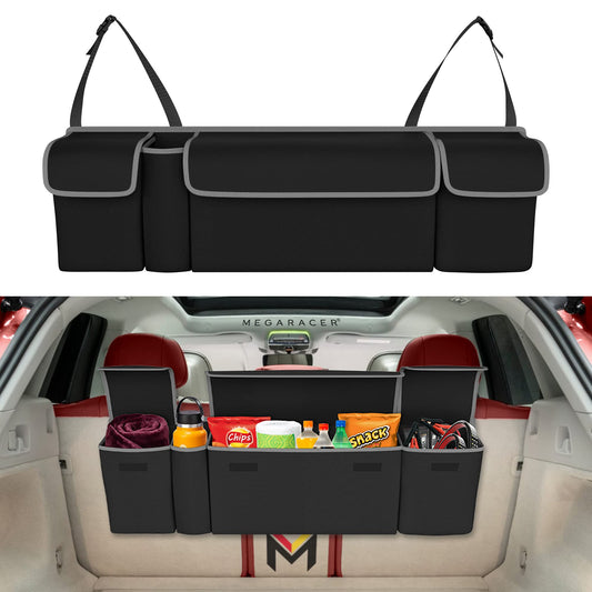 Mega Racer Black Trunk Organizer - 600D Polyester & Oxford Cloth Material, 4 Large Storage Pockets, 2 Adjustable Rear Clips, Storage Accessories For Cars Pickup Trucks SUV Vans, Waterproof, 1 Piece