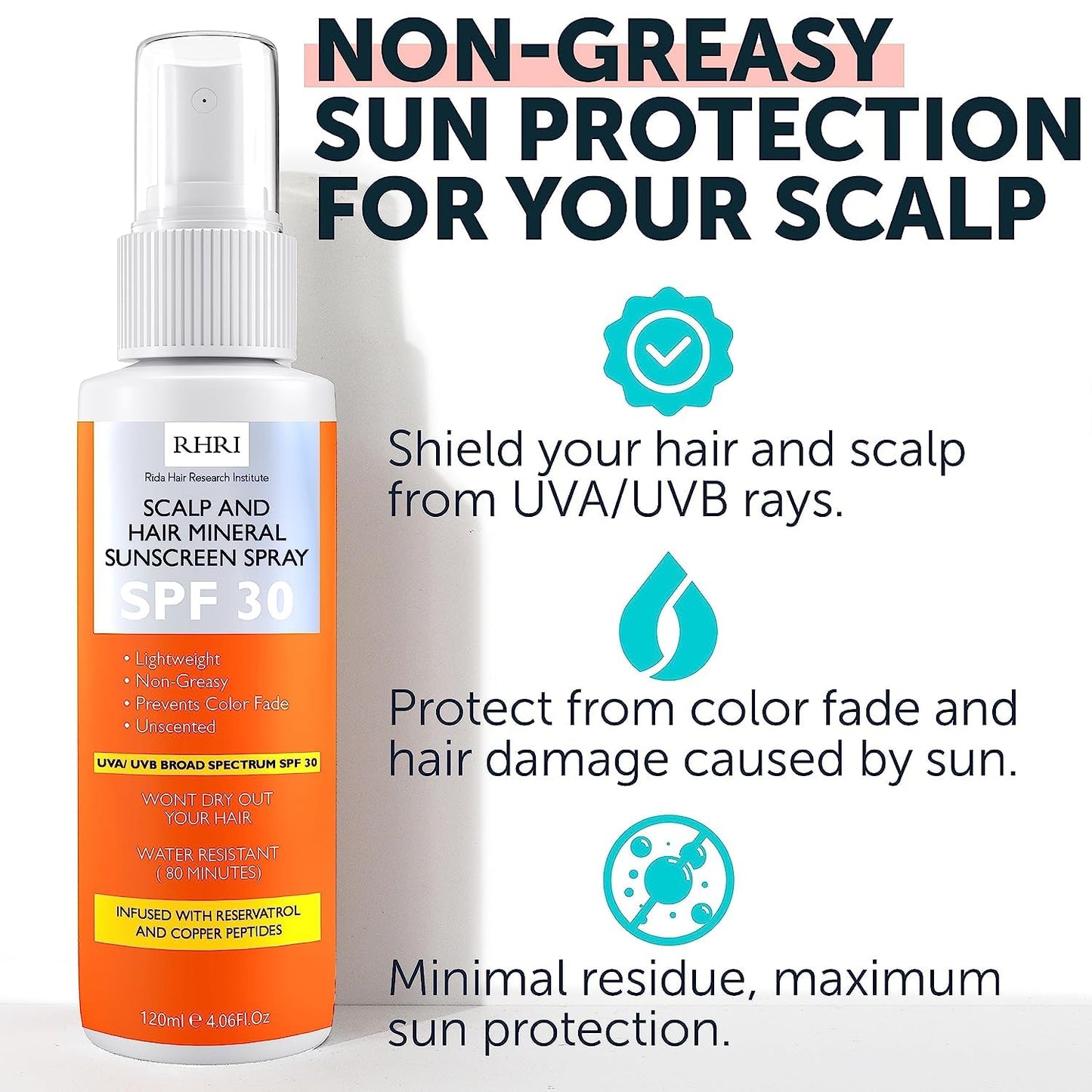 Sunscreen for Hair and Scalp, Premium SPF 30 Hair Sunscreen Spray| Protect from Harmful UV Rays, Color Fade, and Dryness | Non-Greasy Formula