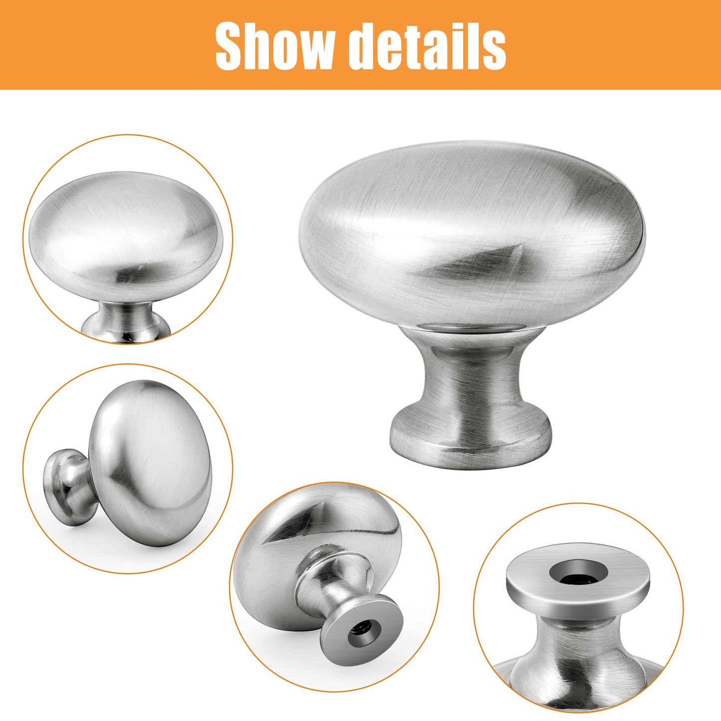 VEHCIL Satin Nickel Cabinet Knob, 10 Pack Single Hole Round Furniture Knobs Bathroom Cabinet Knobs Hardware for Kitchen Cupboard Dresser Drawer Knobs Solid Zinc Alloy-Mushroom Style