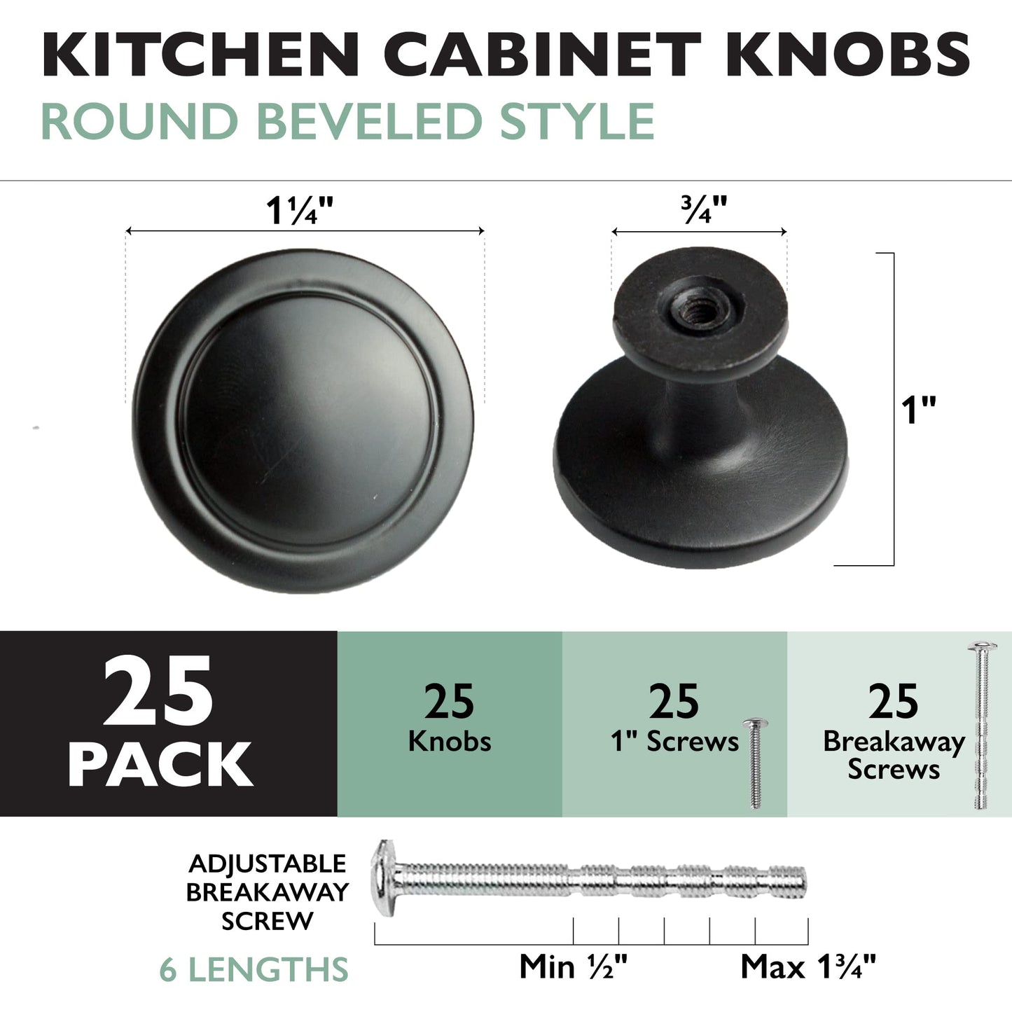 Ilyapa 25 Pack 1 1/4 Inch Round Kitchen Cabinet Knobs, Flat Black Round Drawer Knob for Cabinets Dressers Drawers - Black Kitchen Cabinet Hardware