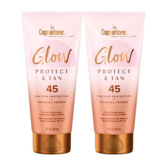 Coppertone Glow Protect and Tan Sunscreen Lotion with Gradual Self Tanner SPF 45, Water Resistant Sunscreen, SPF 45 Broad Spectrum Sunscreen Pack, 5 Fl Oz Tube, Pack of 2