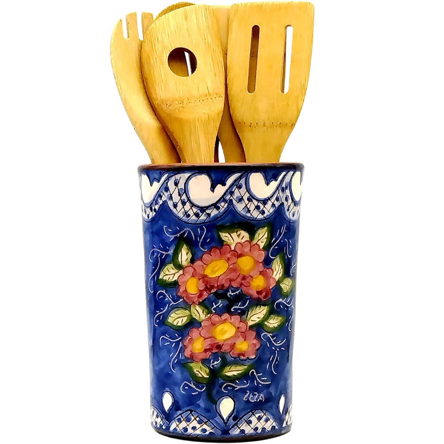 Hand Painted Portuguese Pottery Floral Kitchen Utensil Holder, Blue, White, Red, Green, Yellow (255-355-455-FL)