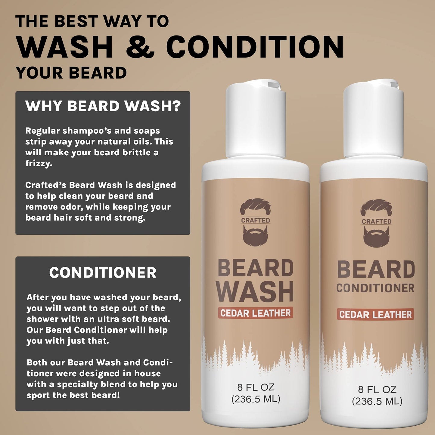 Crafted Beards Beard Wash & Conditioner - Cedar Leather - Beard Shampoo - Best Beard Wash - Beard Conditioner - Beard Kit - Beard Care - Beard Cleaner - 8oz (CL))