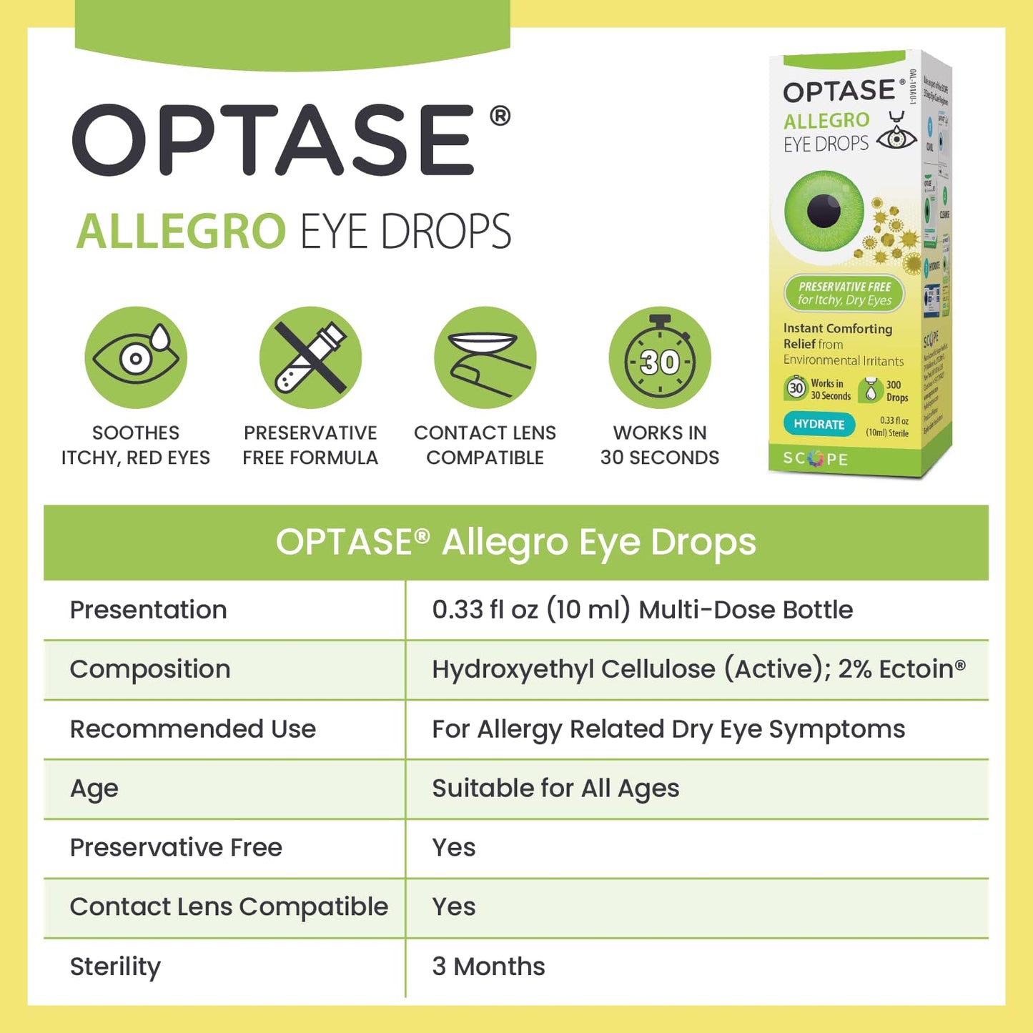 OPTASE Allegro Eye Drops for Dry Eyes - Lubricating Eye Drops for Dry Eyes - Eye Drops for Red Eyes and Seasonal Irritants - Symptom Relief Eye Drops for Contacts and Itchy Eyes - .33 oz, 300 Drops