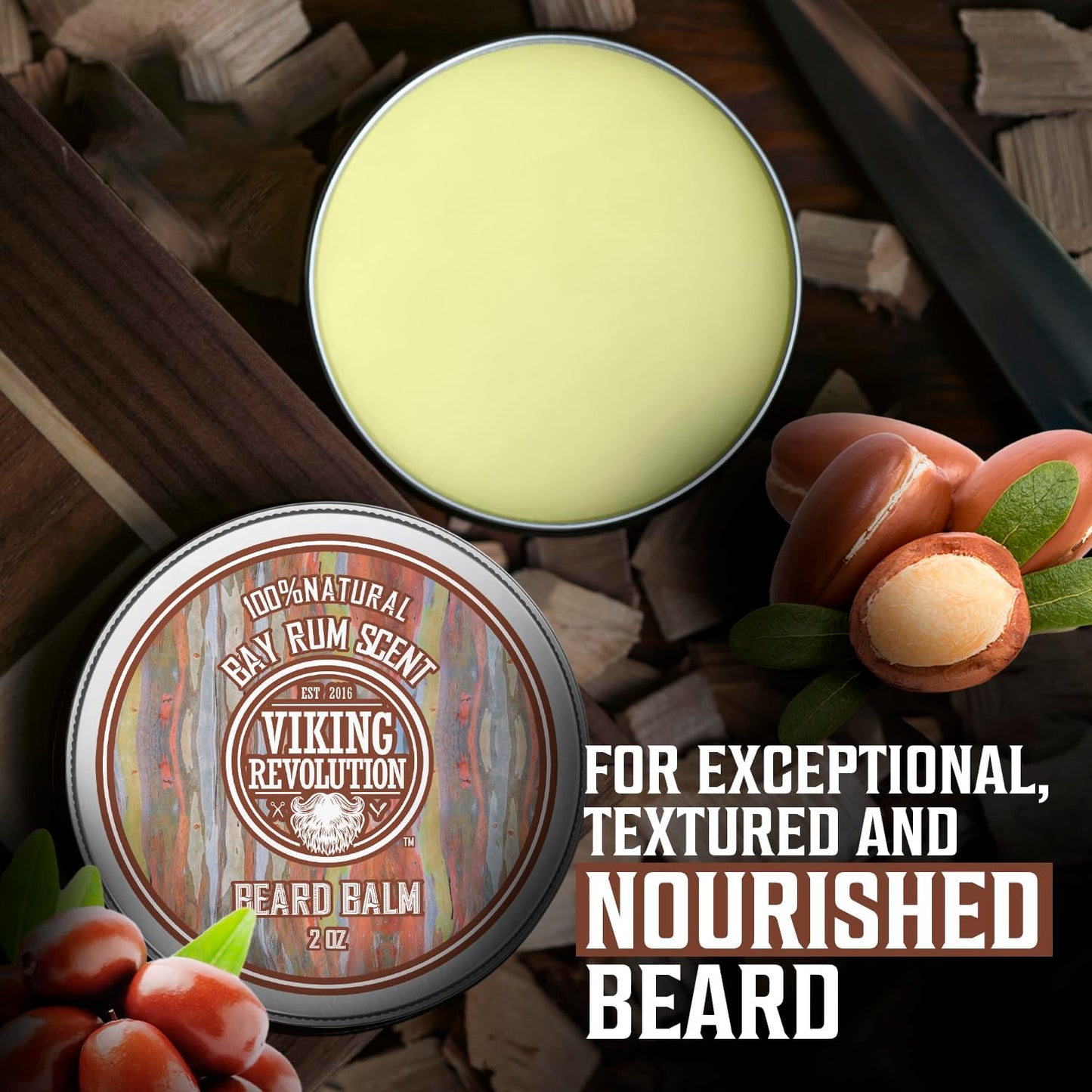 Viking Revolution Beard Balm with Bay Rum Scent and Argan & Jojoba Oils - Styles, Strengthens & Softens Beards & Mustaches - Leave in Conditioner Wax for Men