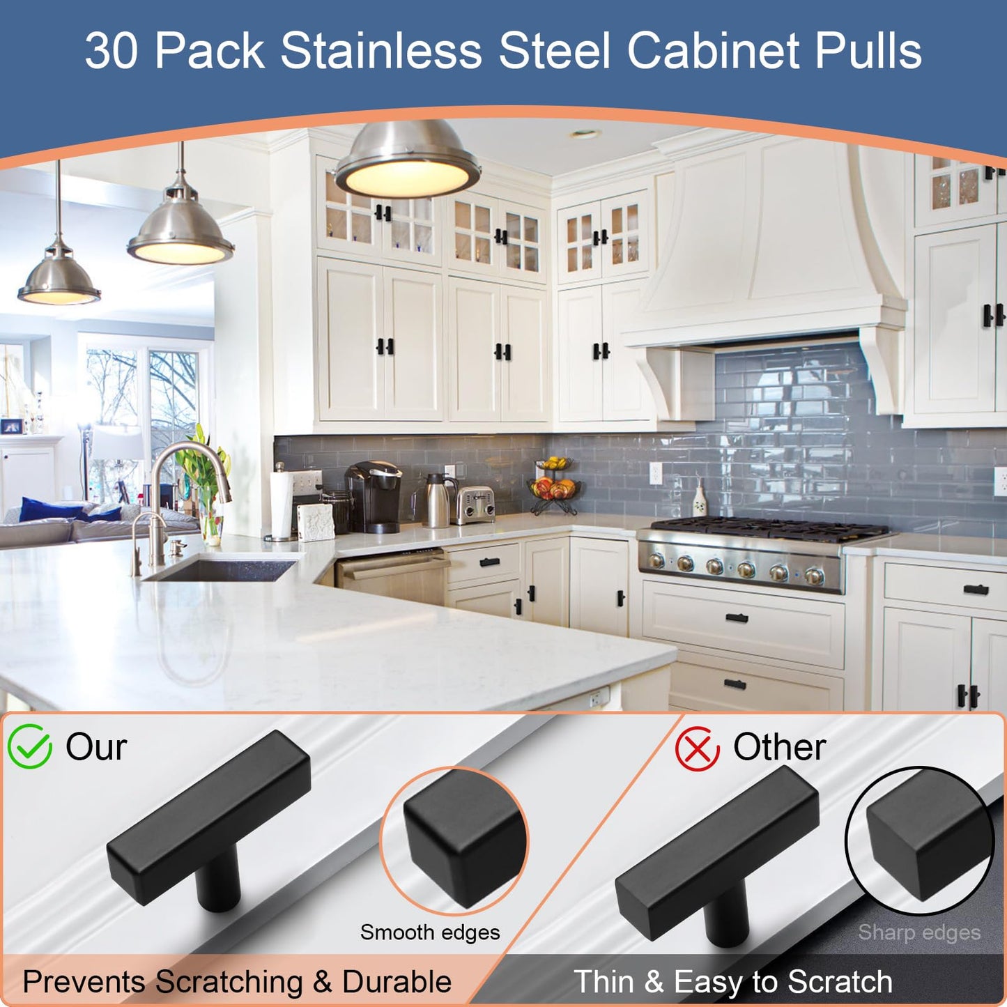 AEEKEL 30 Pack Square Cabinet Knobs Matte Black Drawer Knobs 2" Length, Single Hole Kitchen Knobs for Cabinet Pulls, Stainless Steel Cabinet Handles for Bedroom Bathroom Office