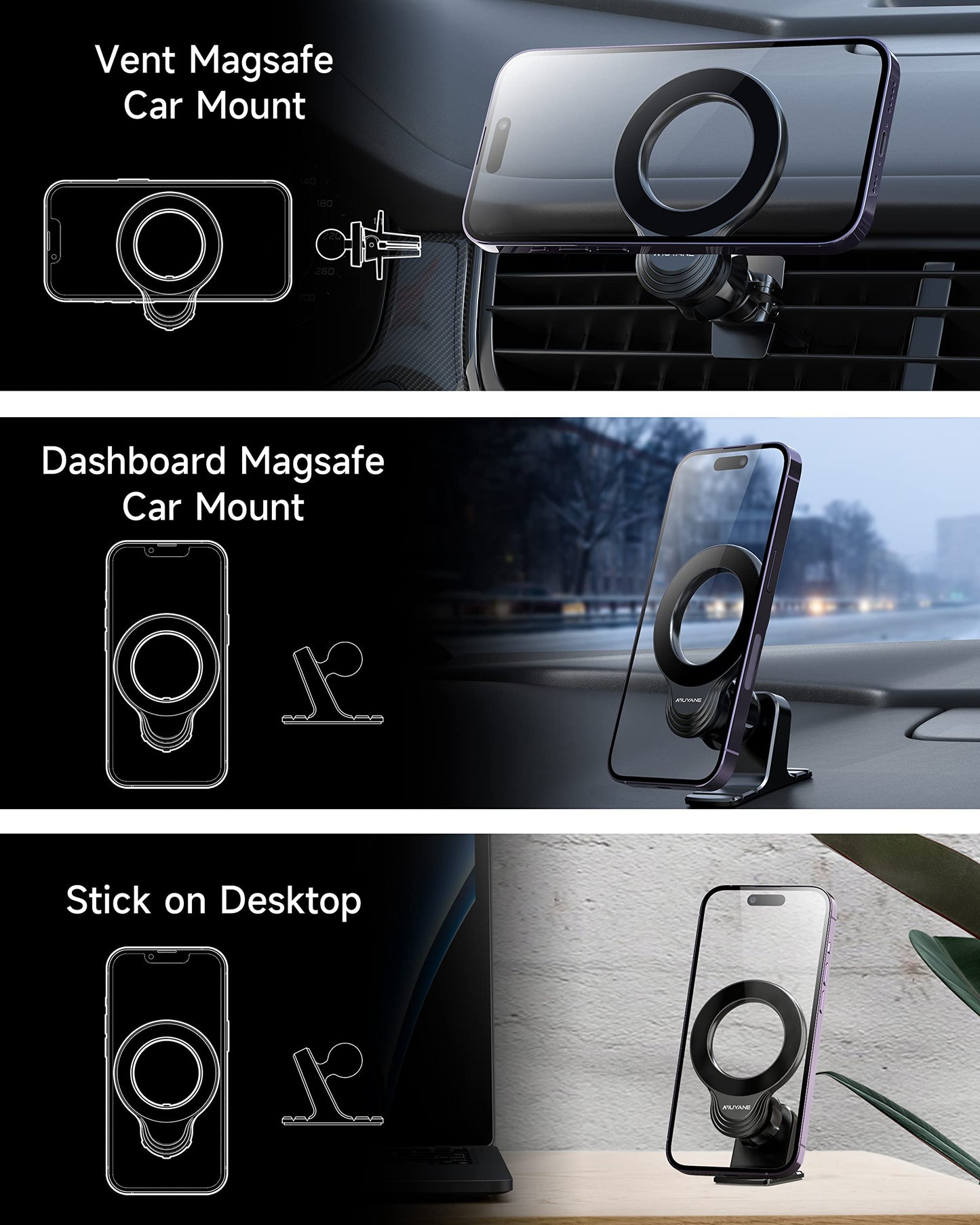 NIUYANE Compatible with Mag-safe Car Mount,Magnetic Car Phone Mount,2 in 1 Super Stable Dash&Air Vent Car Phone Mount,Mag-Safe Accessories for iPhone 15 Pro Plus Max 14 13 12 Mini Mag-Safe Case