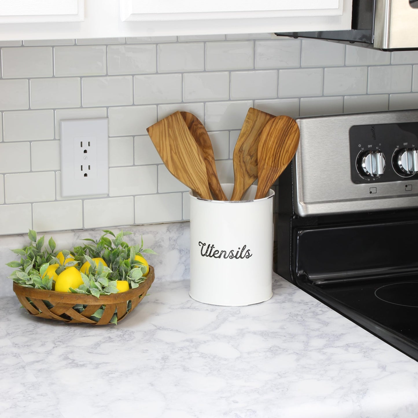 AuldHome Rustic Utensil Holder, White Enamel Farmhouse Style Kitchen Utensil Caddy