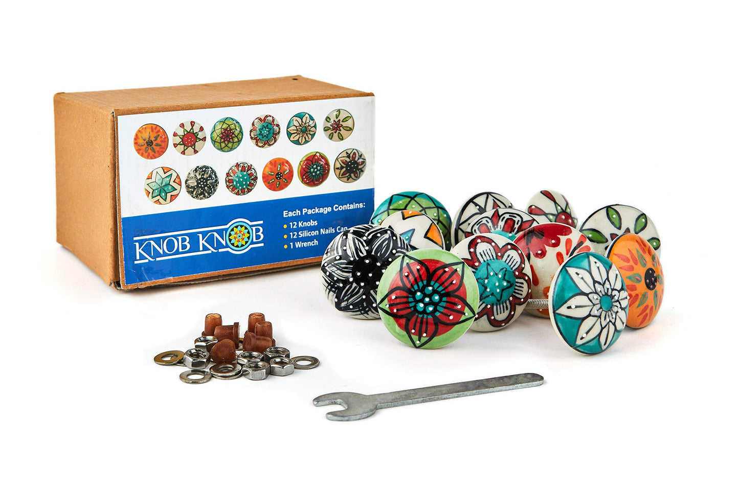 KnobKnob Set of 12 Colorful Multi Design Handmade Ceramic Knobs | Ceramic Cabinet Knobs | Drawer Pulls Ideal for Home, Kitchen or Office | Drawer Knobs Come with 1 Wrench, Screw Cap & Extra Bolts