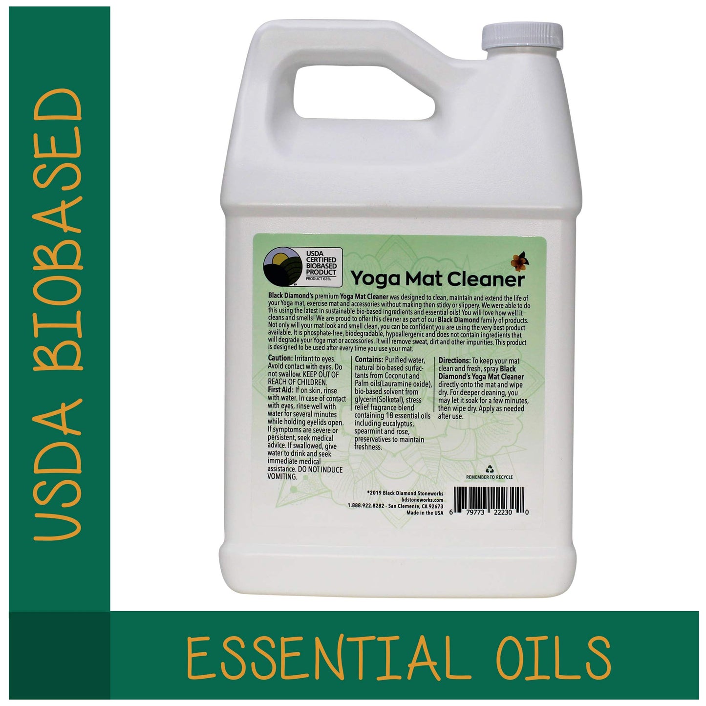 Black Diamond Stoneworks Yoga Mat Spray Cleaner: USDA Certified BIOBASED- Essential Oils, Safe for All Type of Materials, Exercise, Pilates, or Workout Mats. (1 gallon)